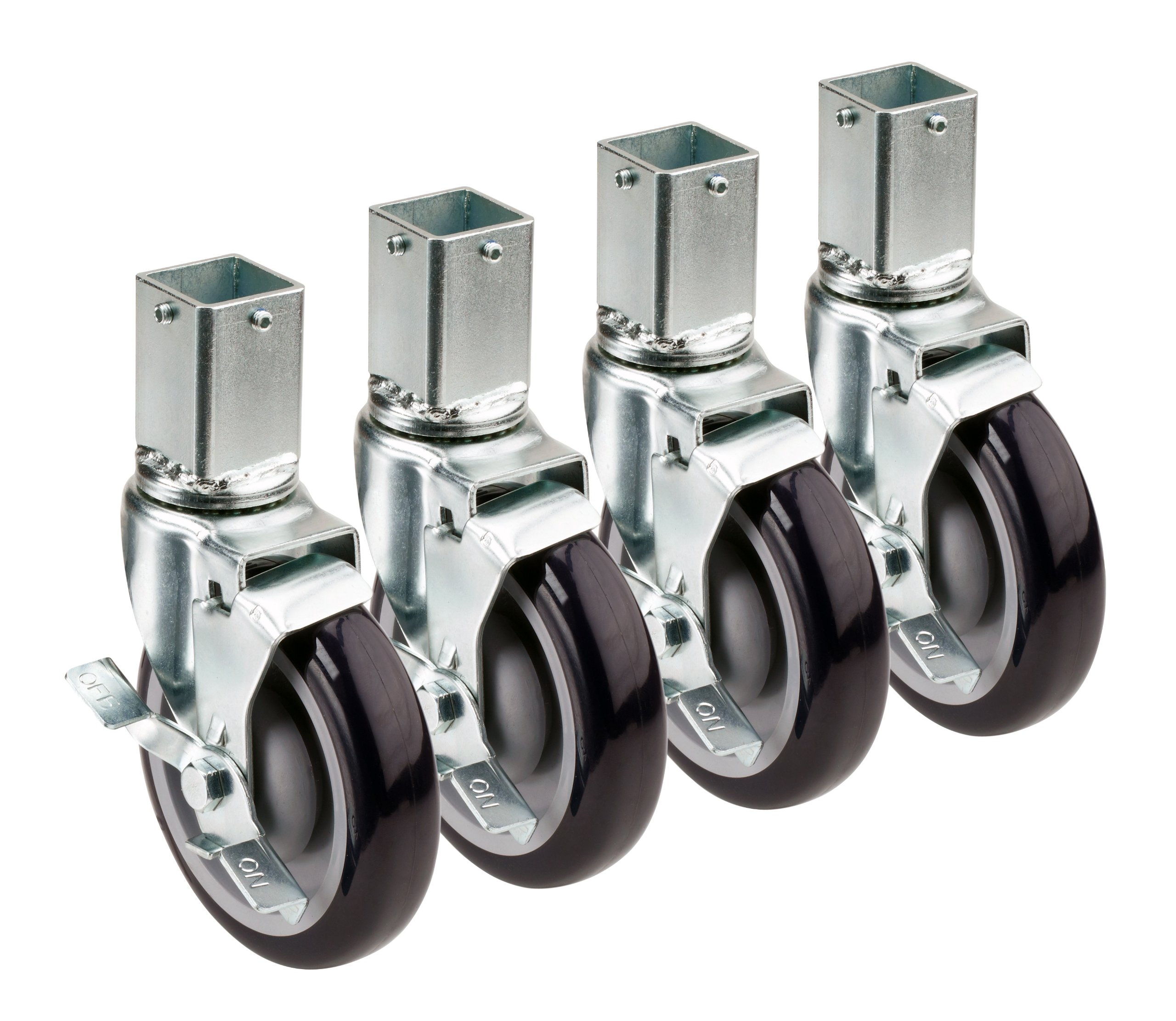 KrowneMetal 28-174S Set of (4) 1-1/4" Square Post Shelving Casters with Locking Wheels, 5" Diameter (Raises Height 6")