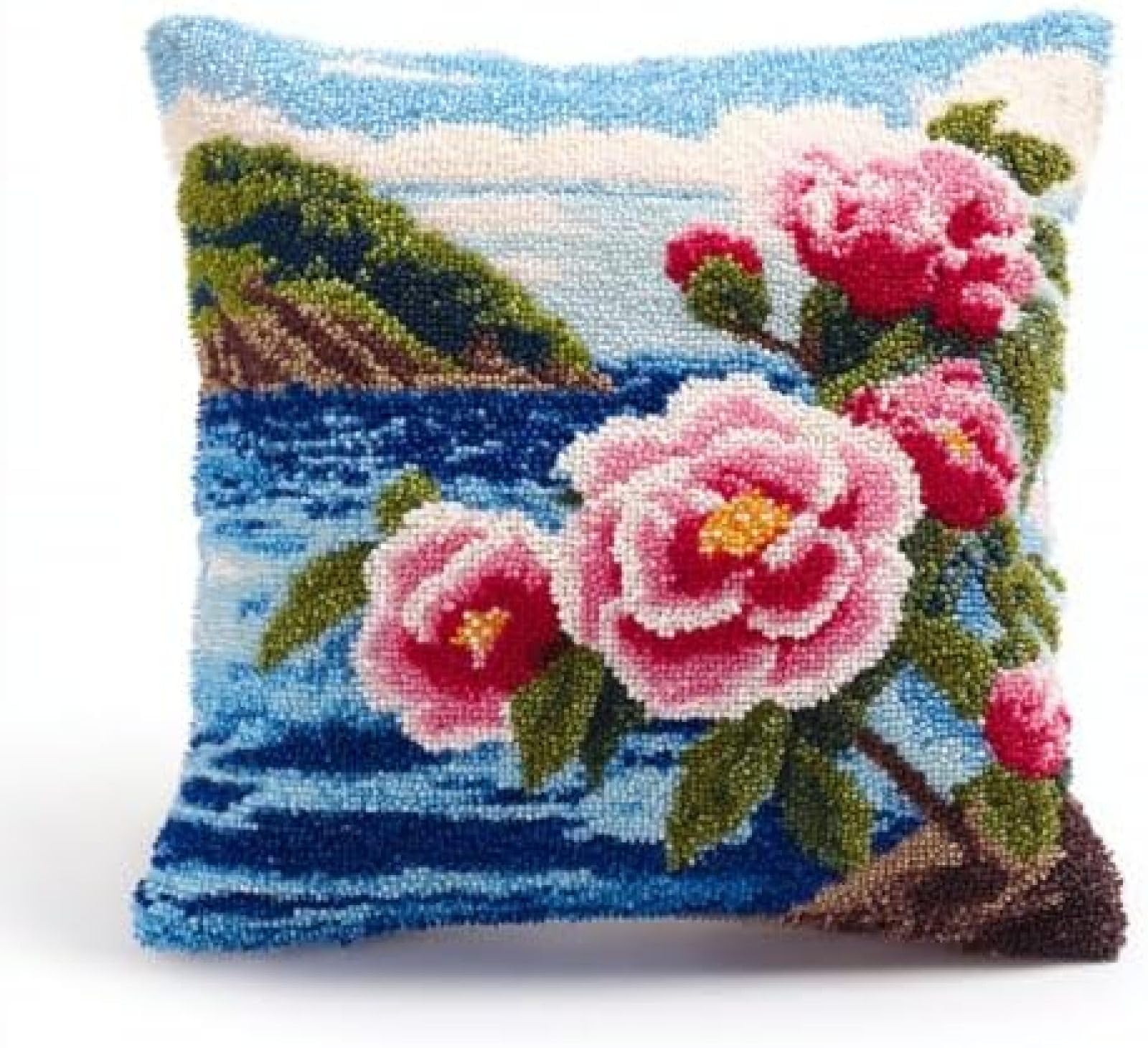 kitphoenix Latch Hook Kit for Adults Beginners,Camellia Flowers and Sea,DIY Cushion Cover Craft Kit with Pre-Printed Canvas,Yarn and Hook,43x43 cm Pillow Cover Making Set