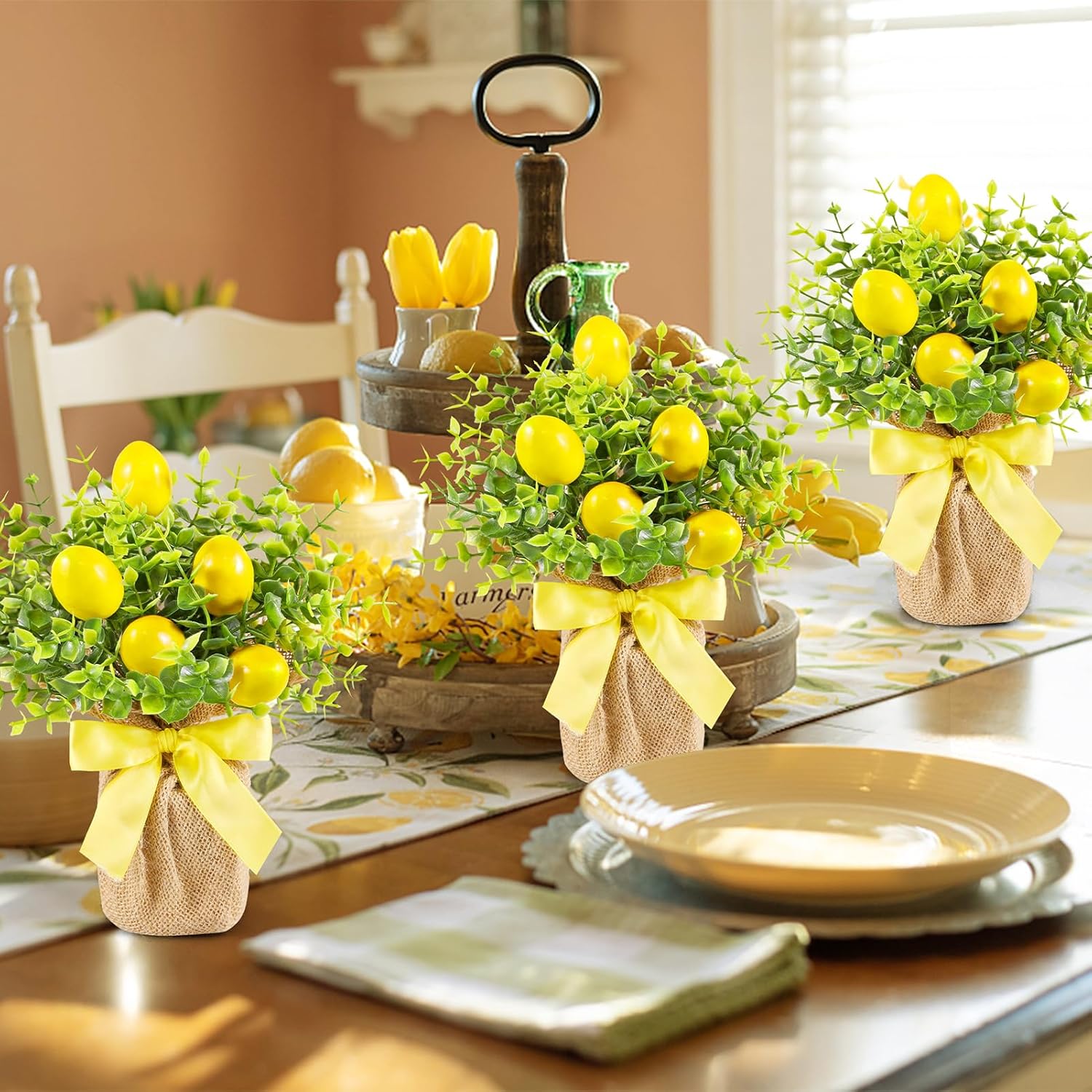 Dlerom 6 Pack Artificial Potted Lemon Flowers Plastic Faux Lemons in Small Burlap Bag Vases Fake Lemons Potted Plants for Mother's Day Spring Summer Home Farmhouse Indoor Outdoor Table Decoration