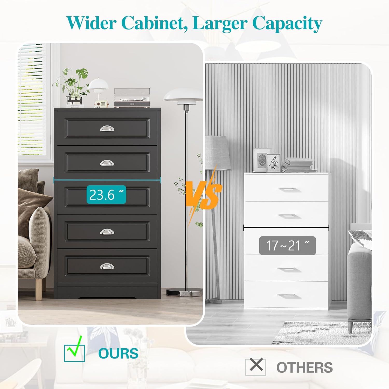 Meilocar 5 Drawers Dresser, Wood Dresser Storage Tower, 47in Tall Vertical Dresser Chest of Drawers, Closet Organizer for Living Room, Dresserv for Bedroom, Hallway (Black)