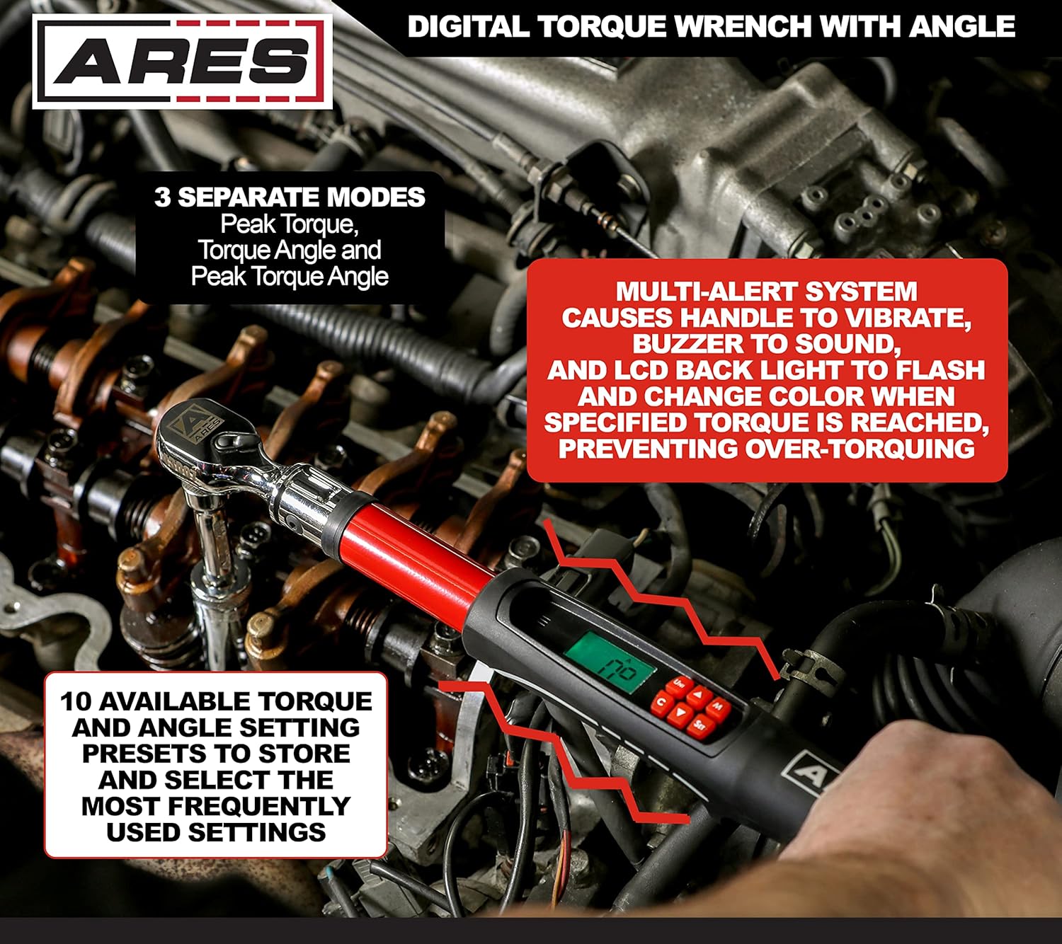 ARES 43007-3/8-Inch Drive Flex Head Electronic Digital Torque and Torque Angle Wrench - 10-100 ft/lbs (13.5-135Nm) - Reversible Sealed Head - Multi-Alert Prevents Over-Torquing