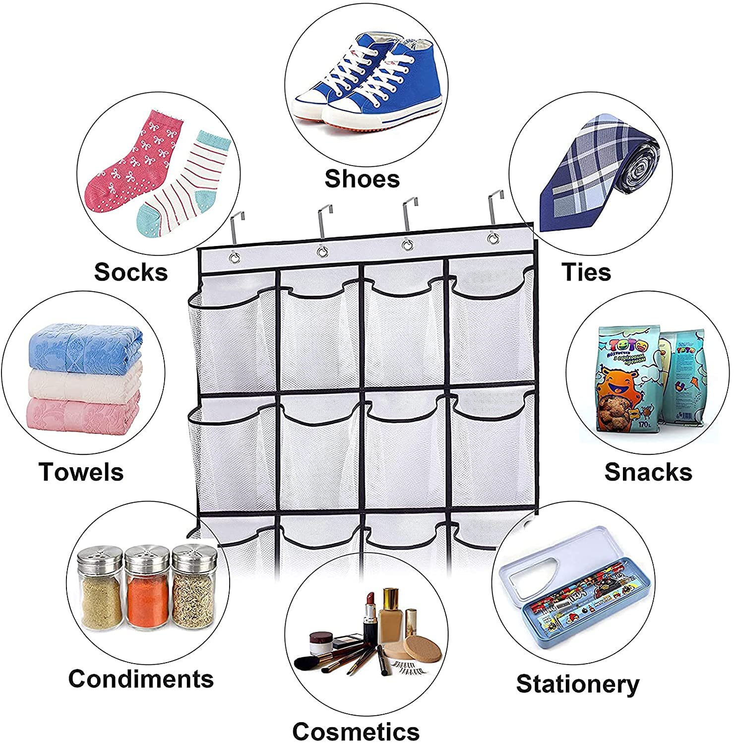 Organizador para colgar sobre la puerta, zapatero con 24 bolsillos, 8 ganchos para puerta, almacenamiento de malla para cocina, dormitorio, baño, accesorios de almacenamiento (paquete de 2)