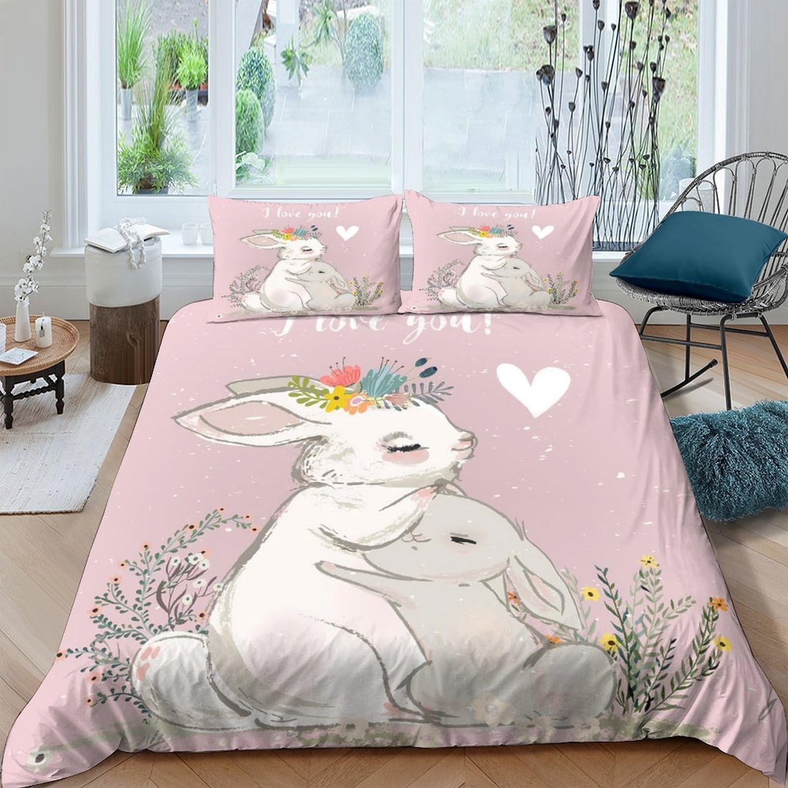 Ctjqhvkz Style-7 3D Printed Cartoon Bunny Fitted Sheet Microfiber Soft Pink Heart Mattress Cover Bedroom Decor All Ages Single（135X200cm）