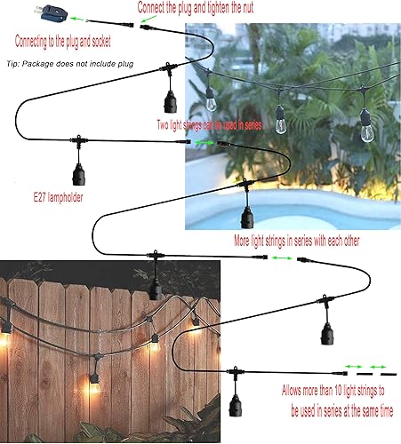 Miniatura 4 de Cadena de luces LED para exteriores, cable de luz colgante con 2 enchufes colgantes, cadena de luz de patio, impermeable, reutilizable, kit de luces