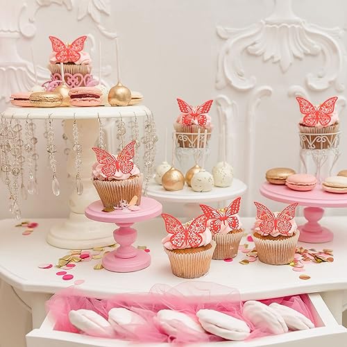 Miniatura 6 de Gyufise Paquete de 36 adornos de mariposa 3D con purpurina roja para cupcakes, decoración hueca para cumpleaños, boda, fiesta de hadas, calcomanías