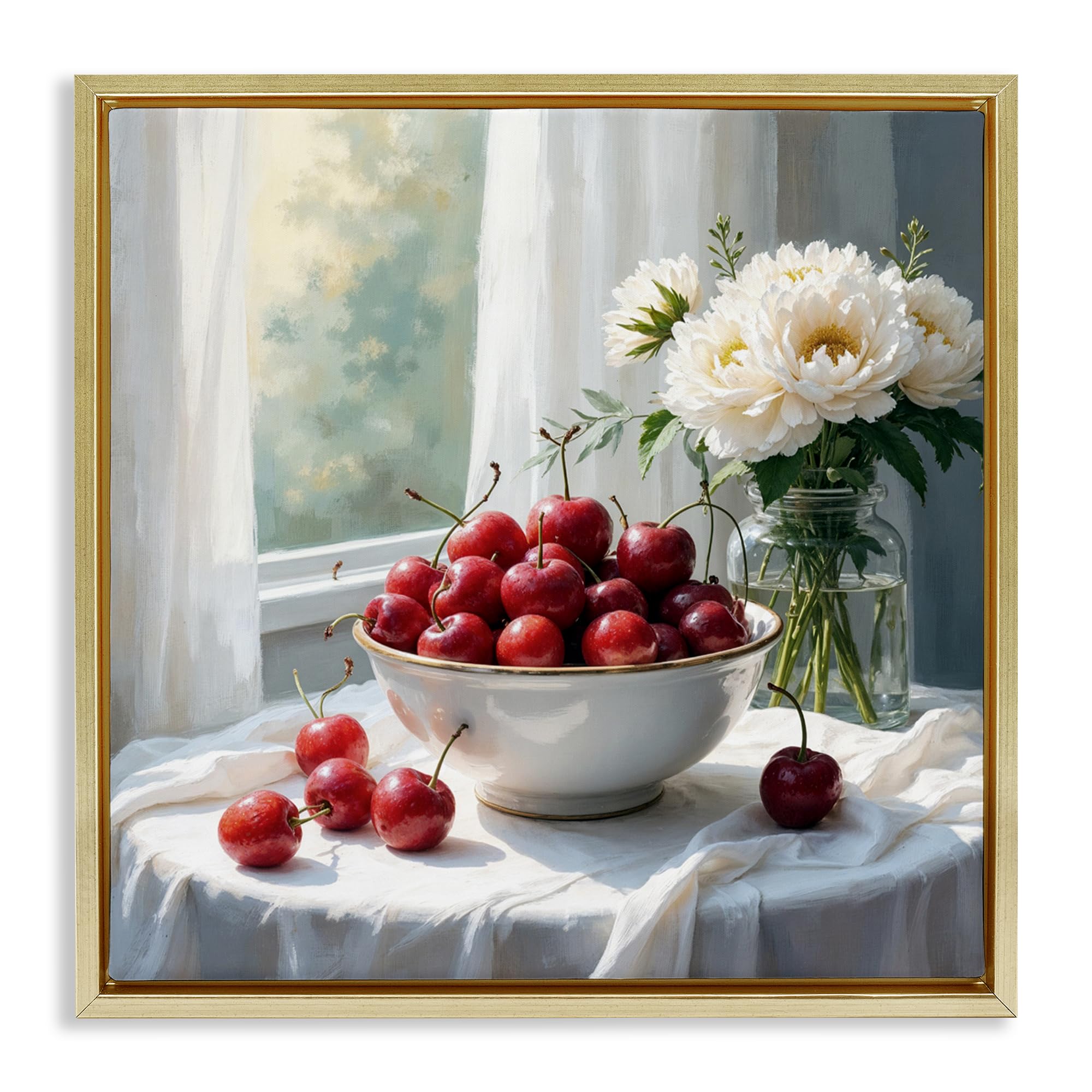'Cherries & Flowers Still Life'| Floating Frame Canvas Art