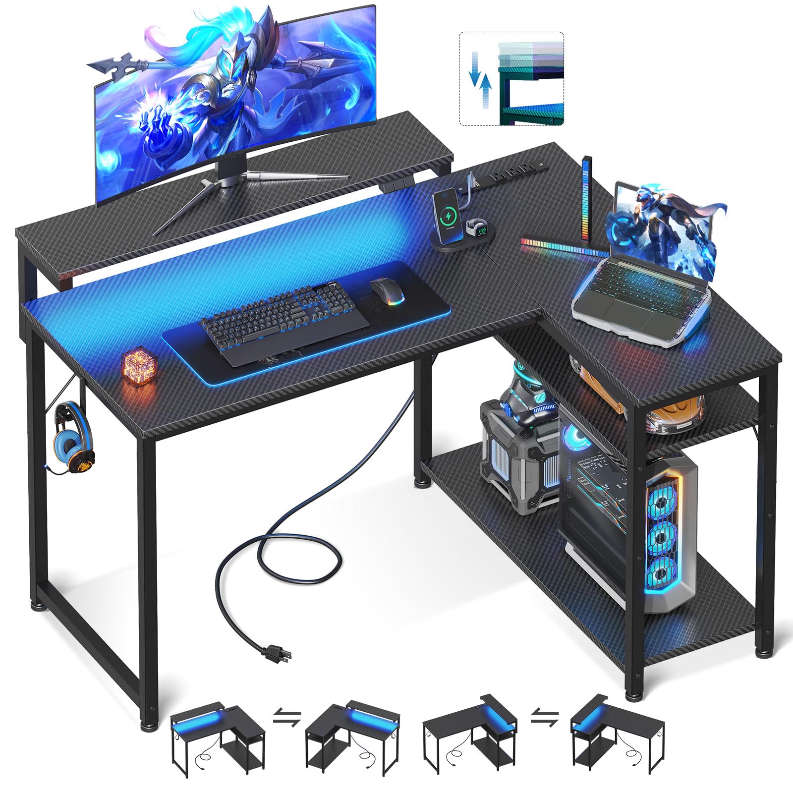 MOTPK L Shaped Gaming Desk with Power Outlet, Reversible Gaming Desk with Height Adjustable Monitor Stand, Gaming Computer Desk 43inch with LED Lights