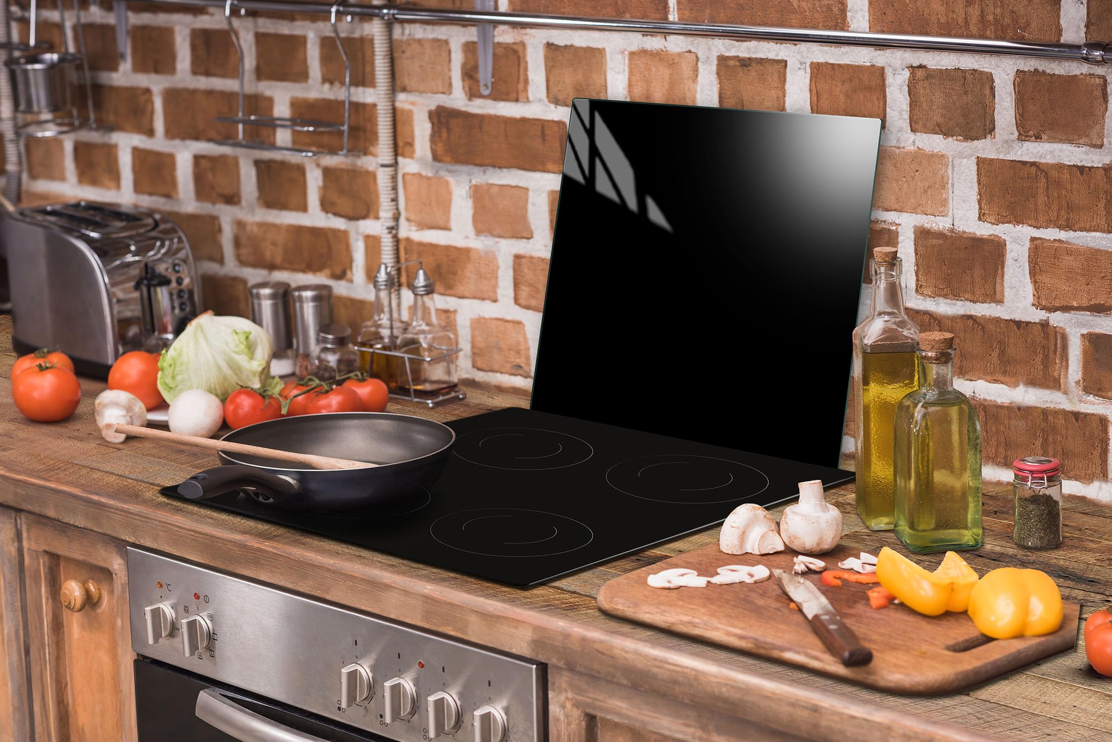 Plaque de recouvrement, 50 x 52 cm, en verre, pour cuisinières électrique, à induction ; convient comme décoration, protection anti-éclaboussures ou planche à découper, Noire