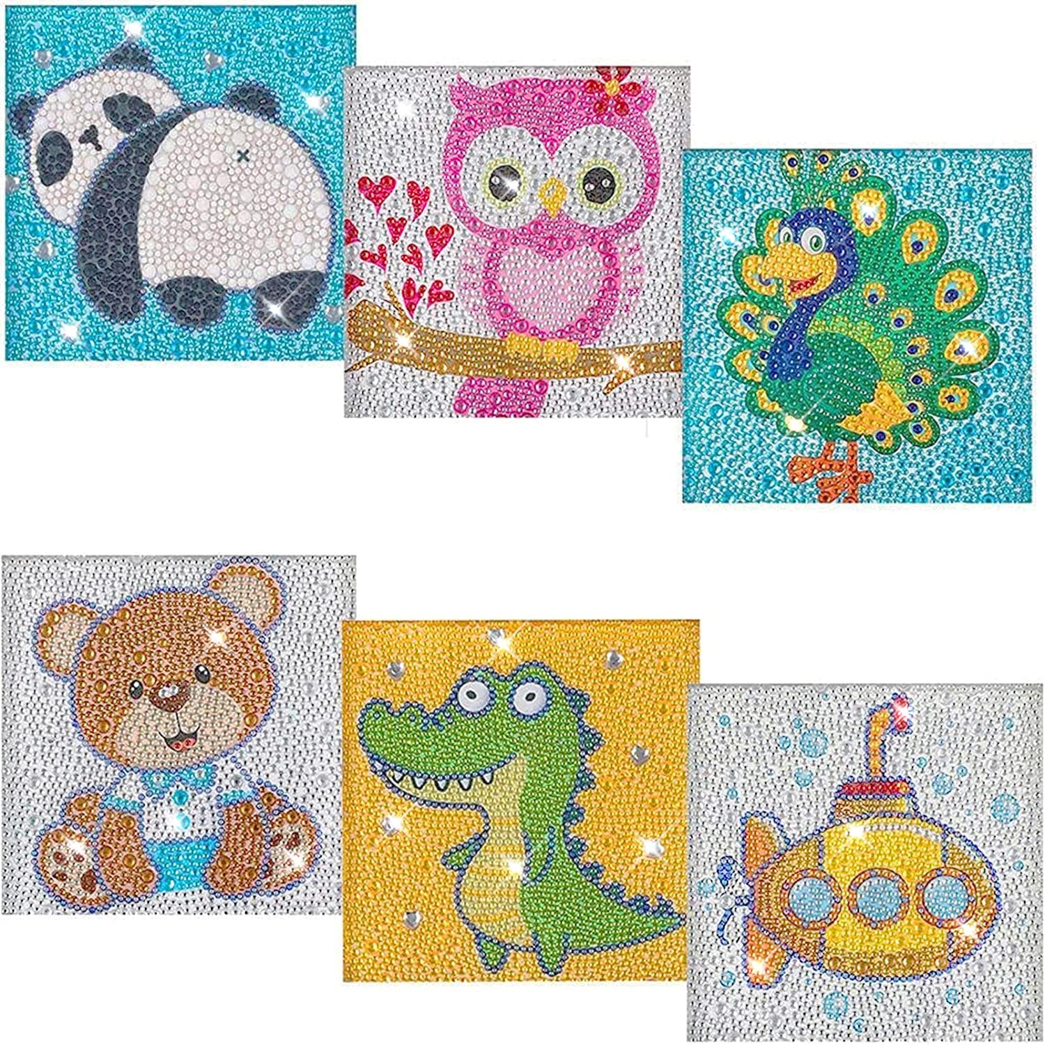 Kit per pittura a mosaico 5D per bambini, 6 pezzi, semplice fai da te, con strass, kit completo per pittura a mosaico con numeri, per bambini, senza cornice (18 x 18 cm)