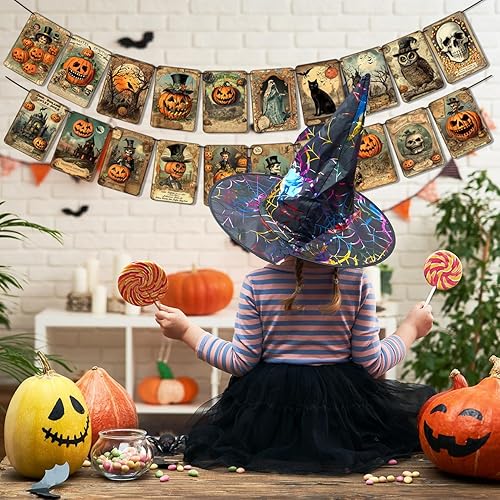 Miniatura 5 de Decoraciones navideñas de Halloween, estilo vintage, pancarta de truco o trato de calabaza, retro, guirnalda colgante de Halloween, bandera de