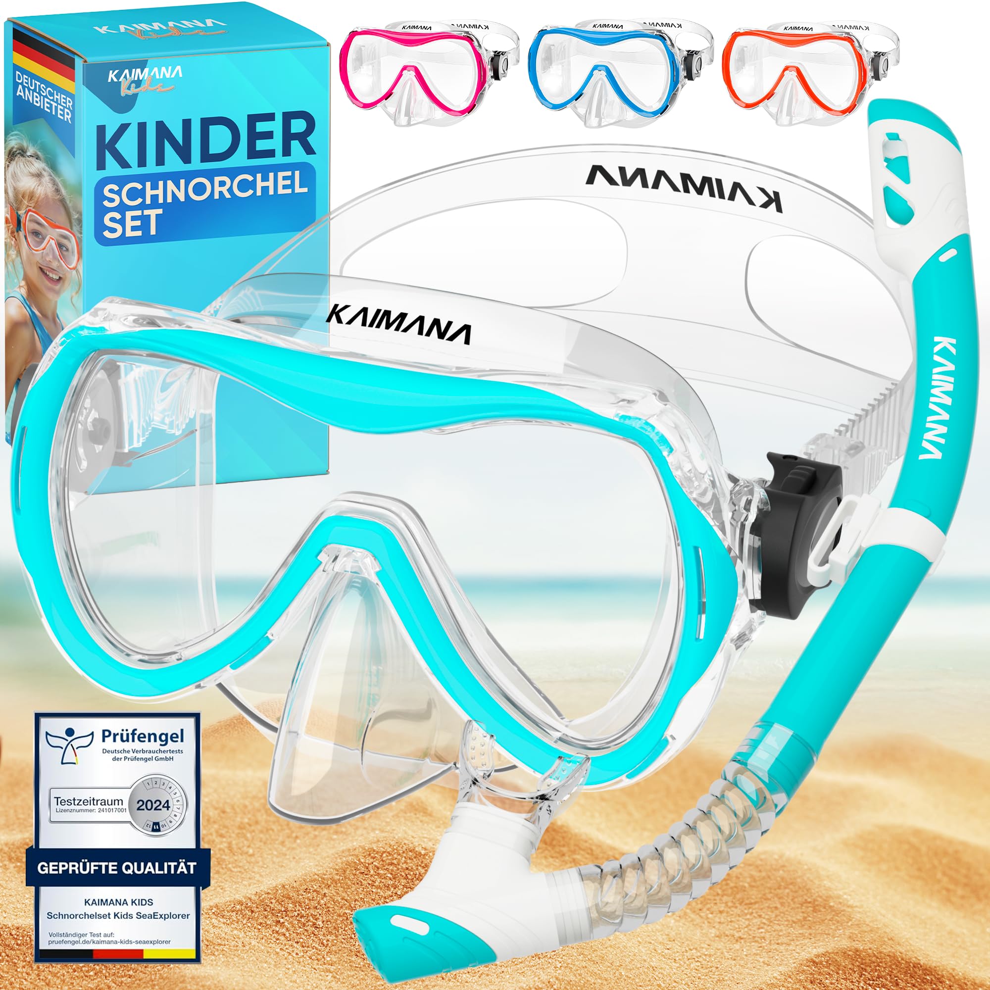 Das Neue KAIMANA® SeaExplorer Schnorchelset Kinder + Tragetasche, Taucherbrille mit Schnorchel, Taucherbrille Kinder, Alternative zur Schnorchelmaske Kinder, Taucherbrille mit Stoffband/Silikonband