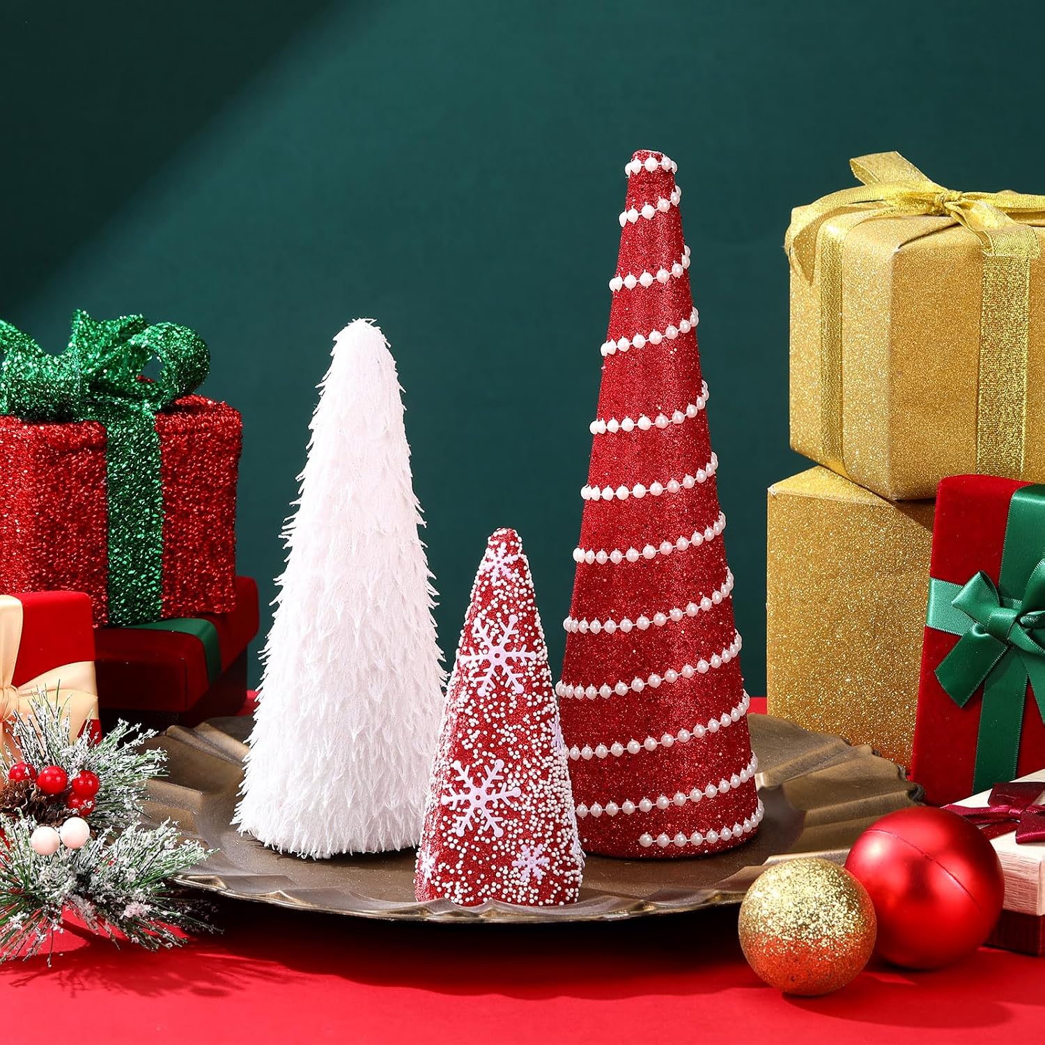 Cinnvoice 3 Pcs Christmas Cone Tree Decoration Christmas Table Decoration Various Size Tabletop Decorative Glitter Mini Tree Centerpieces Decor for Winter Home Mantel(Red White Style)