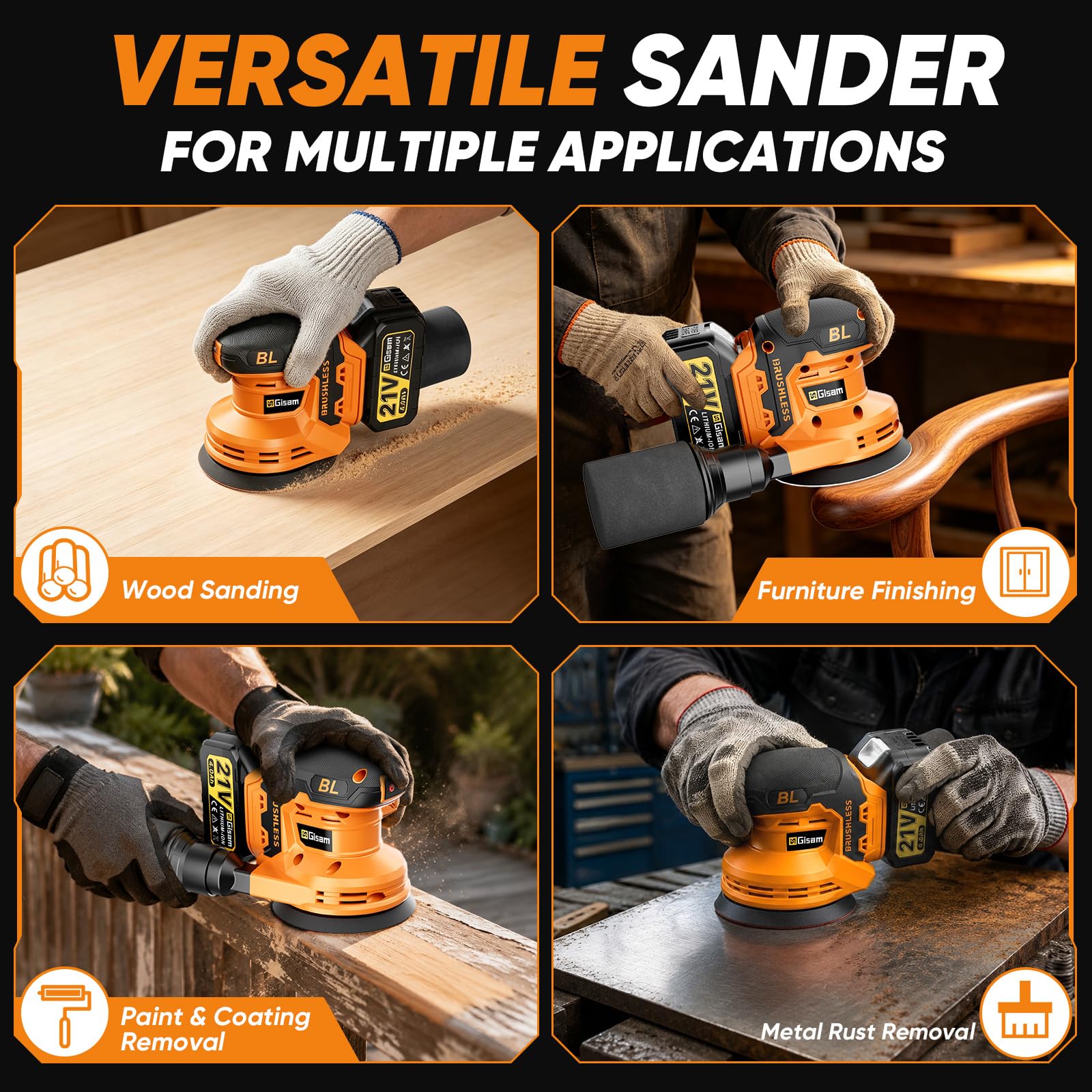 Ponceuse Excentrique 125mm Moteur Sans Balais 1200W Ponceuse Bois Métal | Ponceuse Vibrante 2 Vitesses 6000–20000 tr/min, 2x4,0Ah Batteries, 30 Disques Abrasifs 125mm, Avec Collecteur