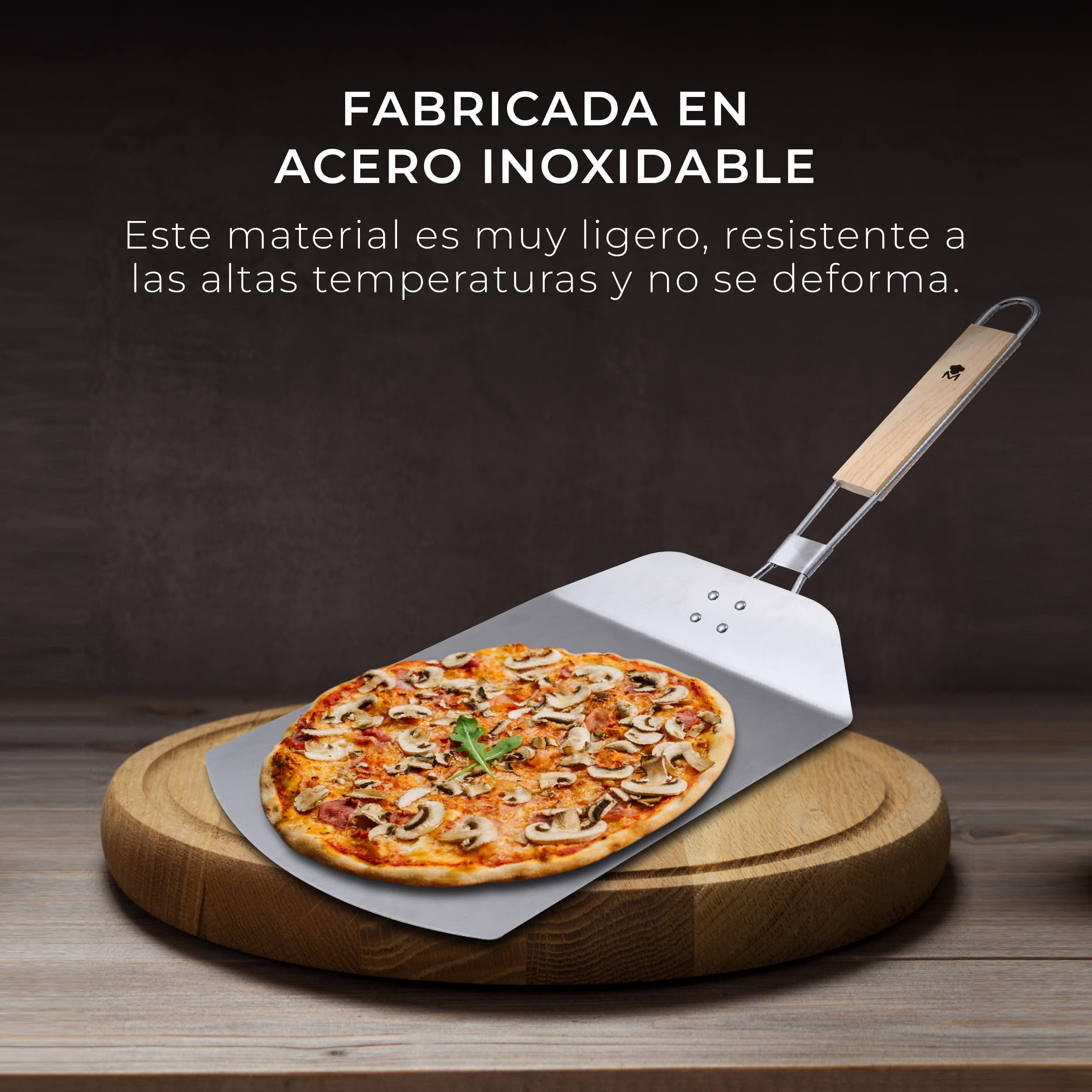 MasterPRO Foodies - Pala Horno para Pizza - Pala de Acero Inoxidable - Dimensiones 57.8 x 24.3 x 3.4 cm - Mango de Goma Color Madera - Extrae tus Pizzas del Horno de Manera Firme y Segura