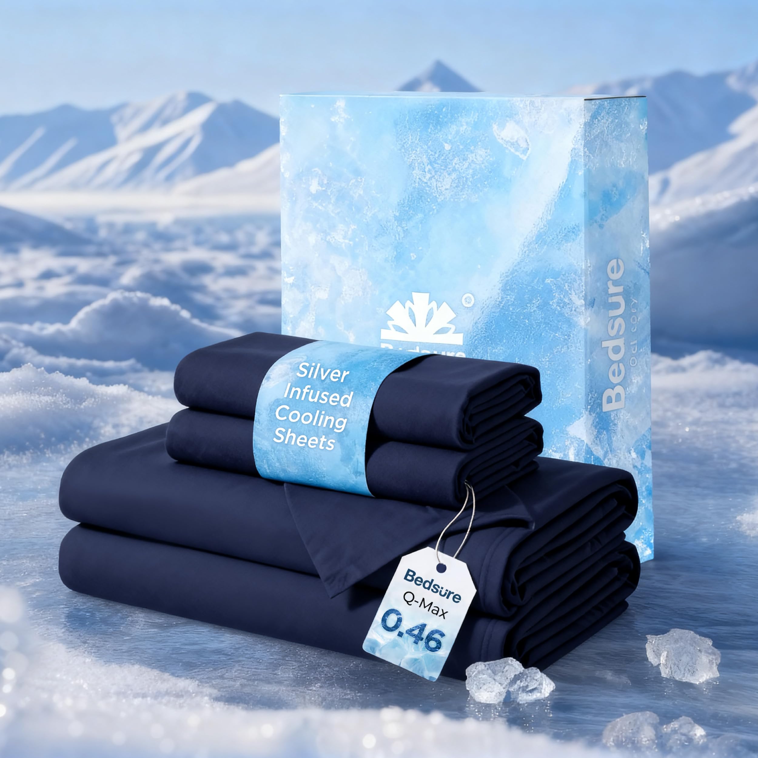 Bedsure Cooling Sheets for Hot Sleepers, Silver Infused Bed Sheets, Q-Max>0.46, Luxury Soft & Silky Smooth Queen Sheet Set, Deep Pocket Up to 16 Inches, 4 Pieces for Kids, Women, Men, Navy