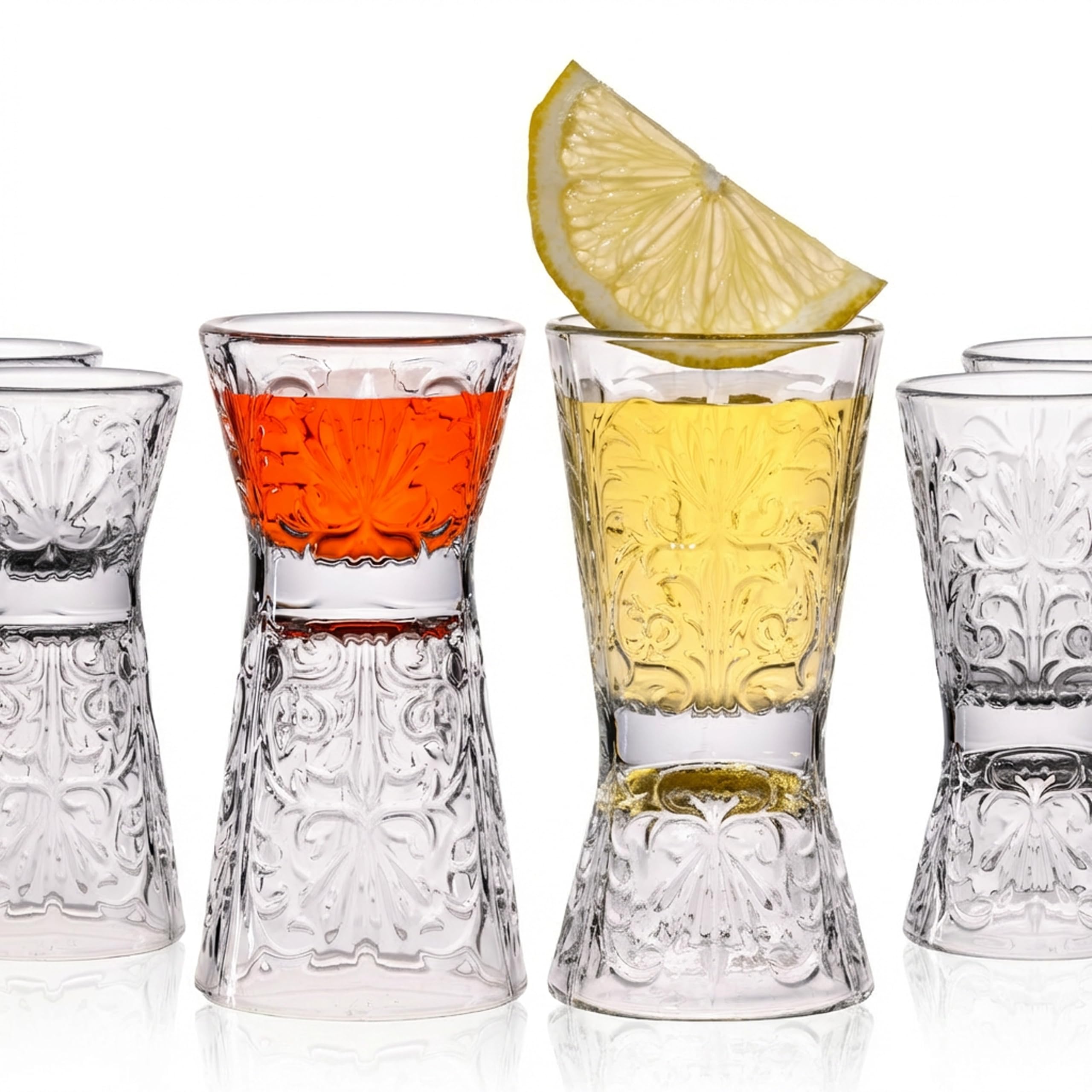Juego de 6 vasos de chupito de cristal Crystalline, reversibles, 30 ml/60 ml, vasos de chupito Tiki con relieve, aptos para lavavajillas