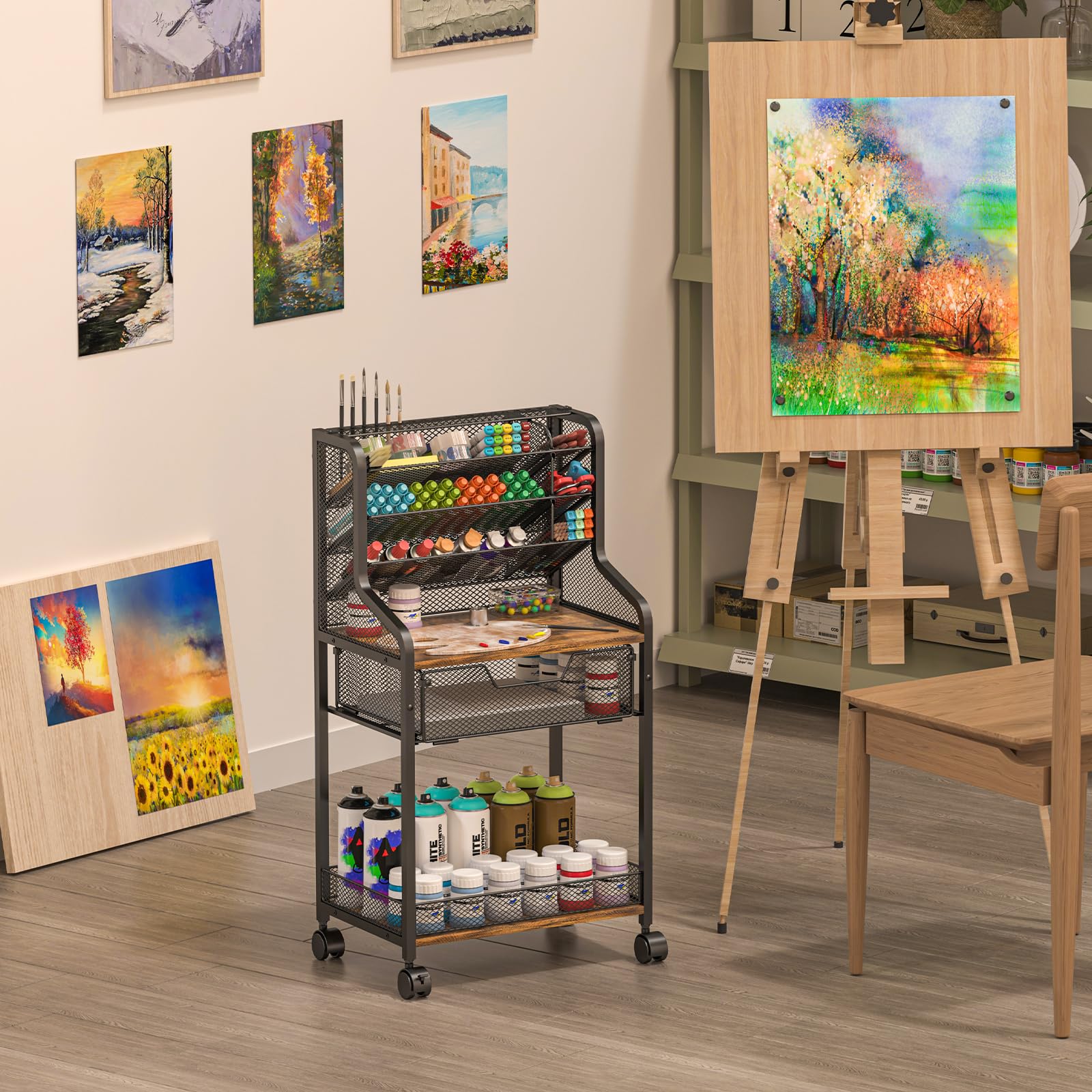 Small Rolling Utility Cart with Drawer, Metal Craft Storage Cart with Lockable Wheel, Versatile Art Organizer with 6 Tiers & Removable Dividers for Drawing Room, Store Paint & Artifact, Patent Pending