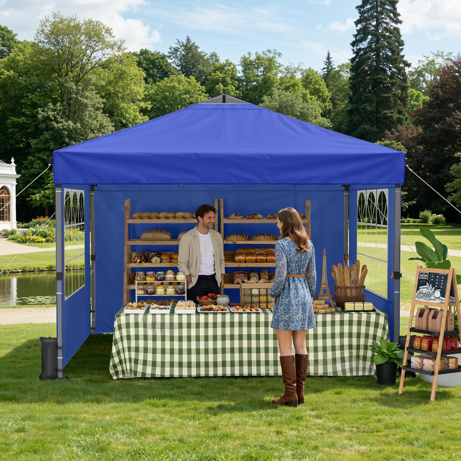 Raynesys Pop Up Canopy Tent with Sidewalls, 10x10ft 10 Person Party Tent One Push Setup, Portable Gazebo Outdoor Sun Shade for Events, Parties, Camping, Commercial, Silver Coated Top, Blue