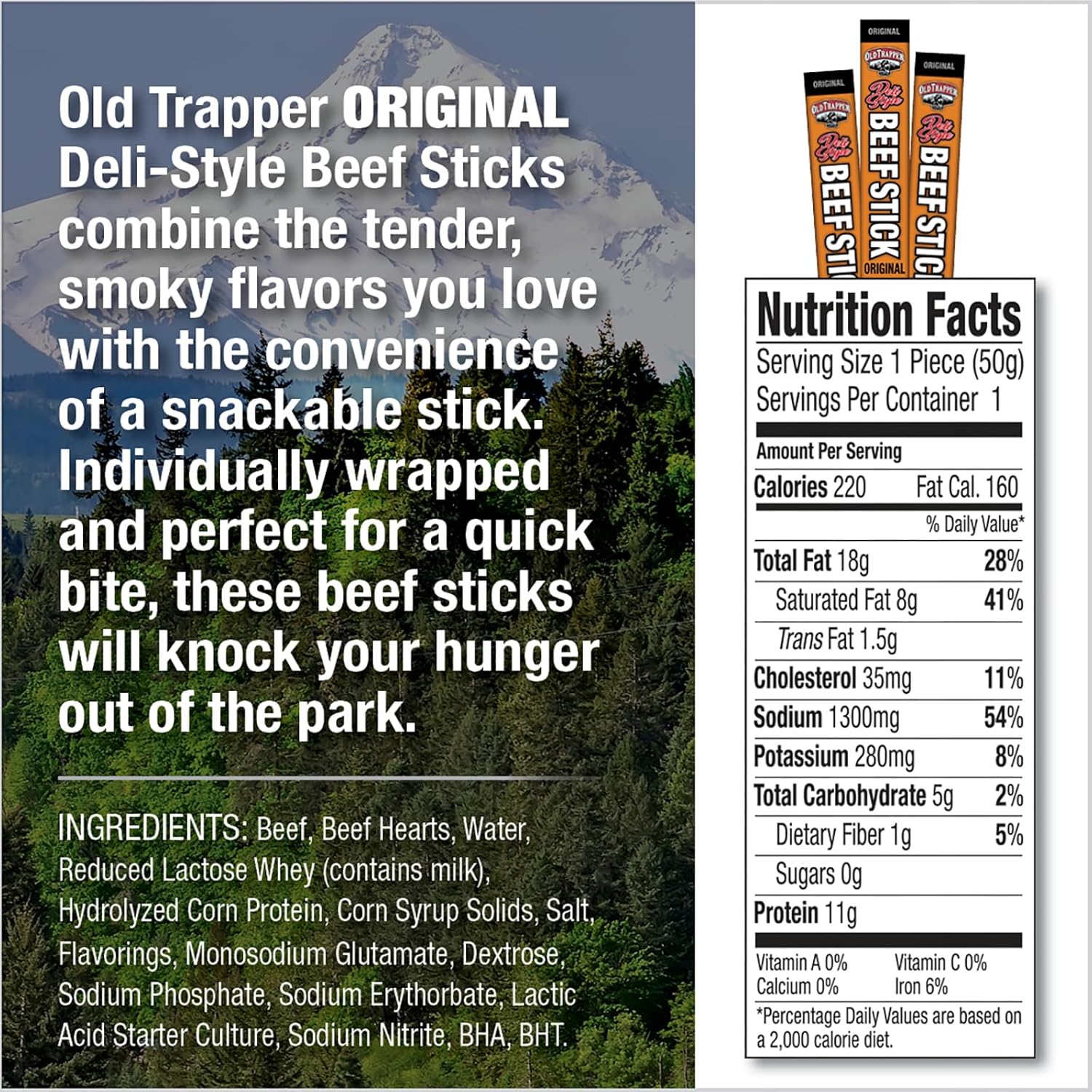OId Trapper Original Deli-Style Beef Sticks, 1.75-Ounce Individually Wrapped Packages, 11 Grams of Protein and Zero Grams of Sugar per Serving (Pack of 26)