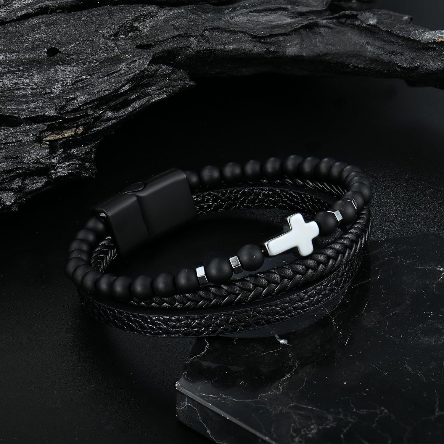 Mens Christian Cross Double Row Leather Bracelet, Religious Braided Cuff Bracelet for Men - Image 4