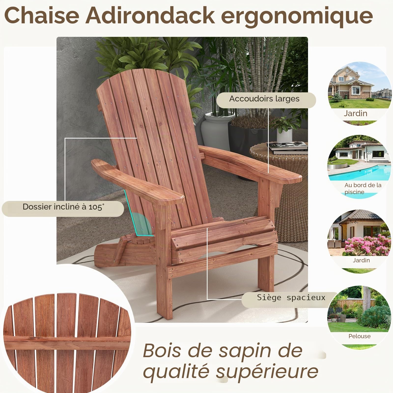 KOMFOTTEU Fauteuil Adirondack, Bois de Sapin, Chaise de Jardin Pliable, Charge de 180 kg, Design Ergonomique, Chaise de feu de Camp, Sièges en Terrasse avec Dossier et Accoudoirs (Lot de 1, Naturel)