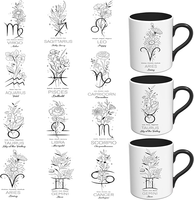 UV DTF Stickers - 12 Sheets Zodiac Sign Floral UV DTF Cup Wrap for Coffee Mugs Glass, DIY Decals for Tumblers, Waterproof Rub on Transfers for Crafts