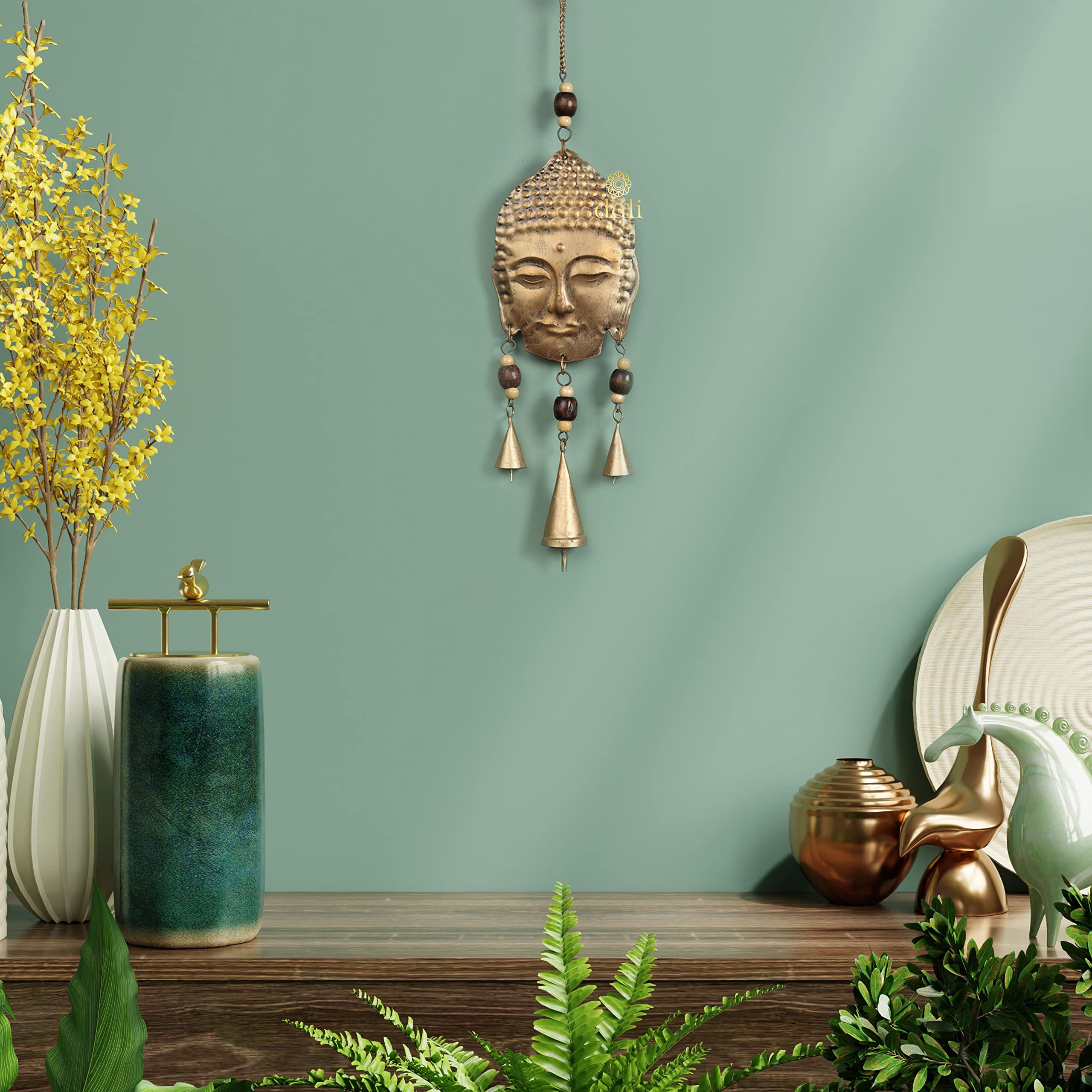 DULI Metal Windchime Wall Hanging, Feng Shui, Wall Art, Wall Decor, PositiveVibes, Rustic Wall Hangings, Wall Art, Diwali Decor, Home Decor Hanging Bells (MetalWallHanging-WoodenBeadBuddha)
