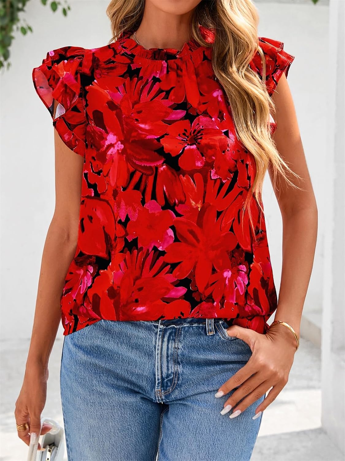 PRETTYGARDEN Women's Ruffle Short Sleeve Summer Tops 2026 Trendy Floral Trim Neck Casual Dressy Chiffon Boho Blouses Shirts - Image 4