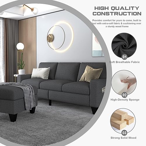 Miniatura 5 de Sofá modular convertible de 78 pulgadas sofá modular de 3 asientos gris oscuro en forma de L con otomana de almacenamiento y bolsillos, moderno sofá