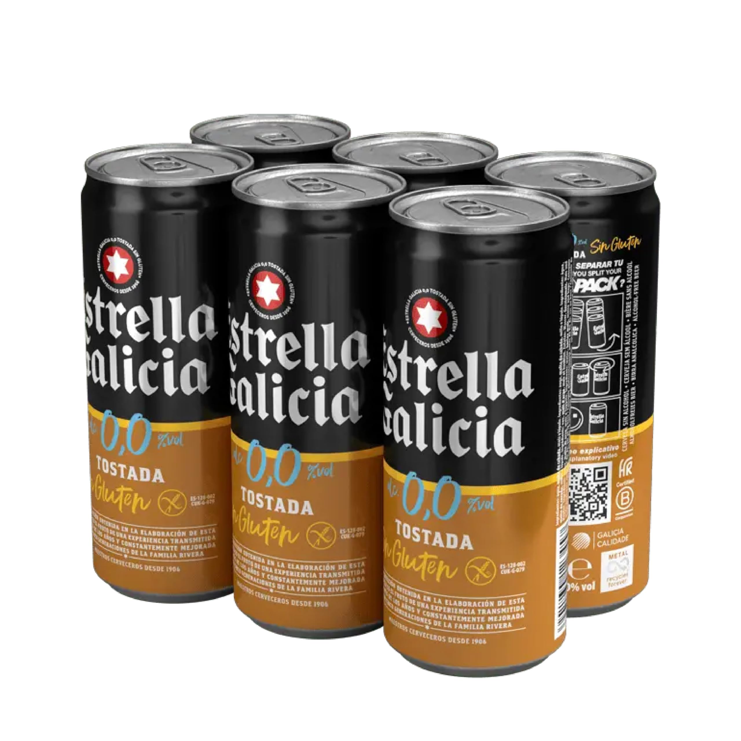 Estrella Galicia 0,0 Tostada Sin Gluten Cerveza Lager Sin Alcohol Pack 24 Latas 33 cl 0% Volumen