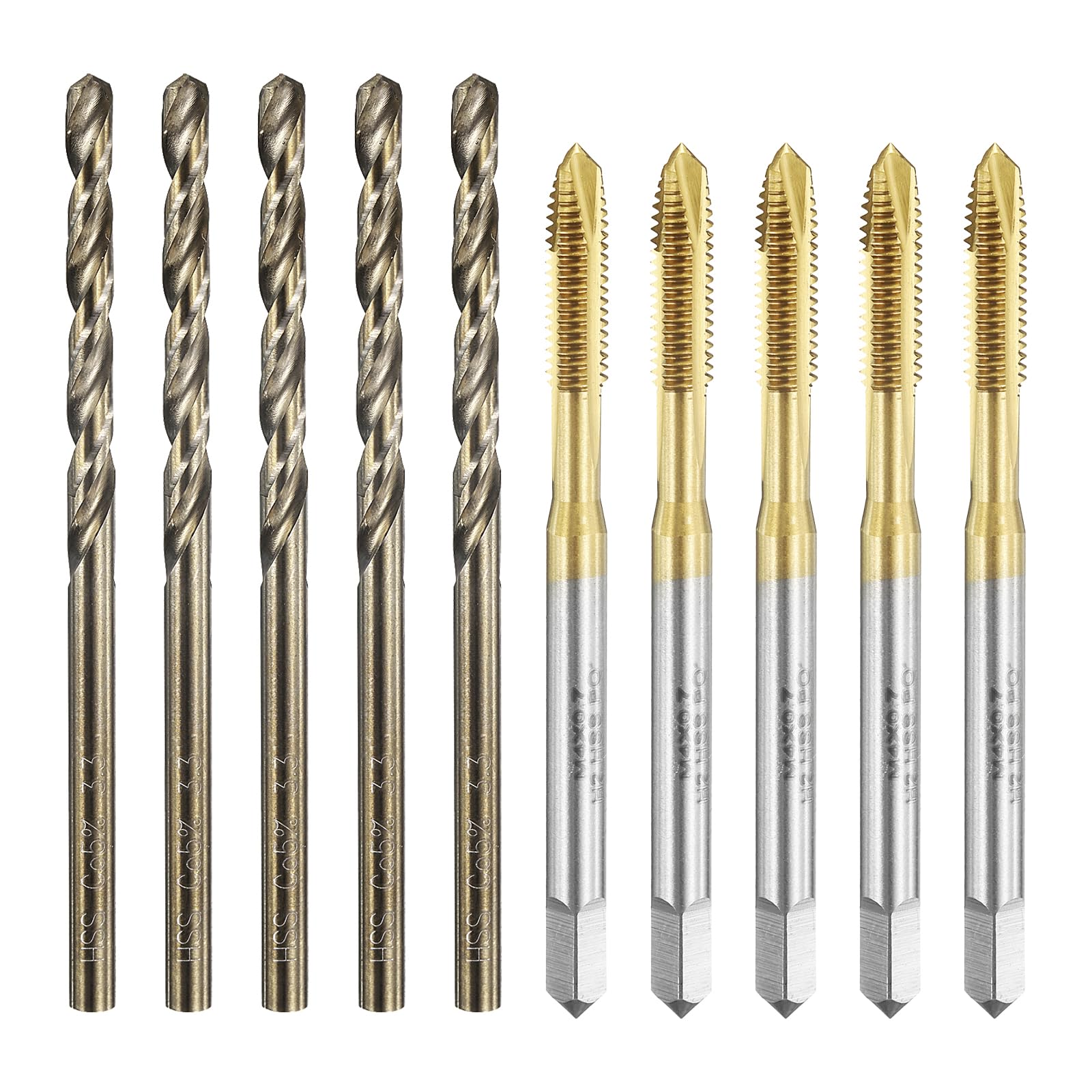Set di Maschi e Punte da Trapano, 5 Maschi per Filettatura a Spirale metrica M4 x 0,7 e 5 Punte elicoidali da Trapano da 3,3 mm, rivestite in Titanio/Giallo tostato HSS-6542/M35 HSS-CO.