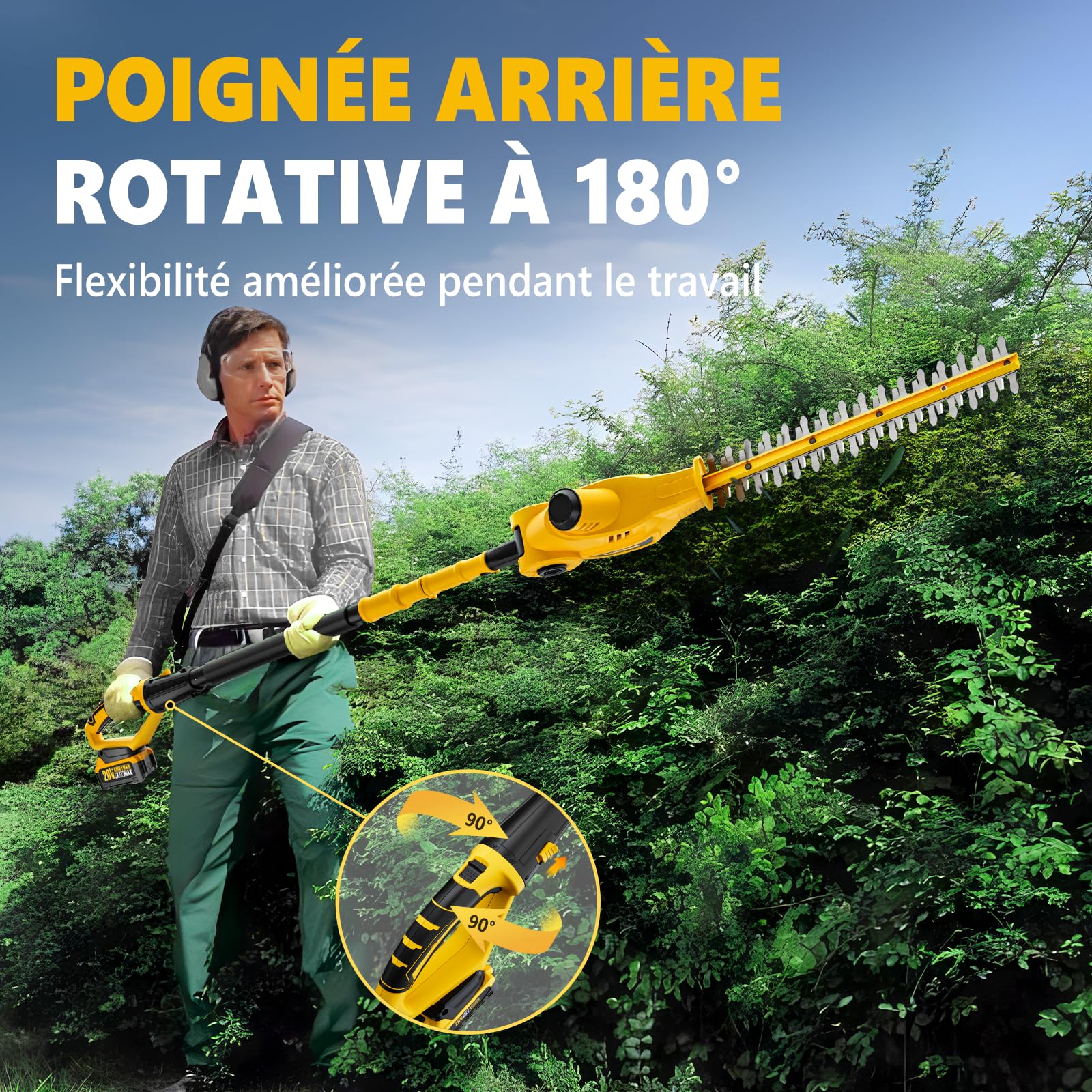 Alloyman Taille-Haie sans Fil Télescopique 20V Max sur Perche, Lame 40 cm, 2 Batteries 4,0 Ah et Chargeur, Manche Réglable 2,4 m pour Haies et Arbustes