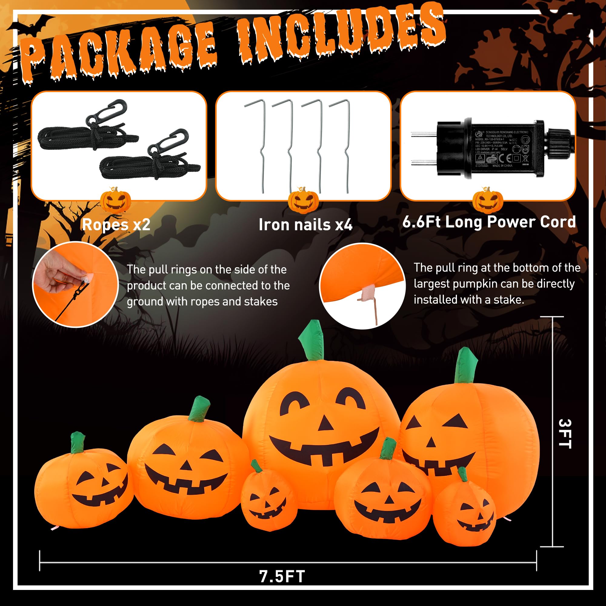 Solpex Halloween Deko, Halloween Inflatable Pumpkin Decoration, 240cm/8FT, 7 Pumpkin Set with 21 LED Lighting for Party, Garden, Lawn, Yard Decoration (Orange & White)