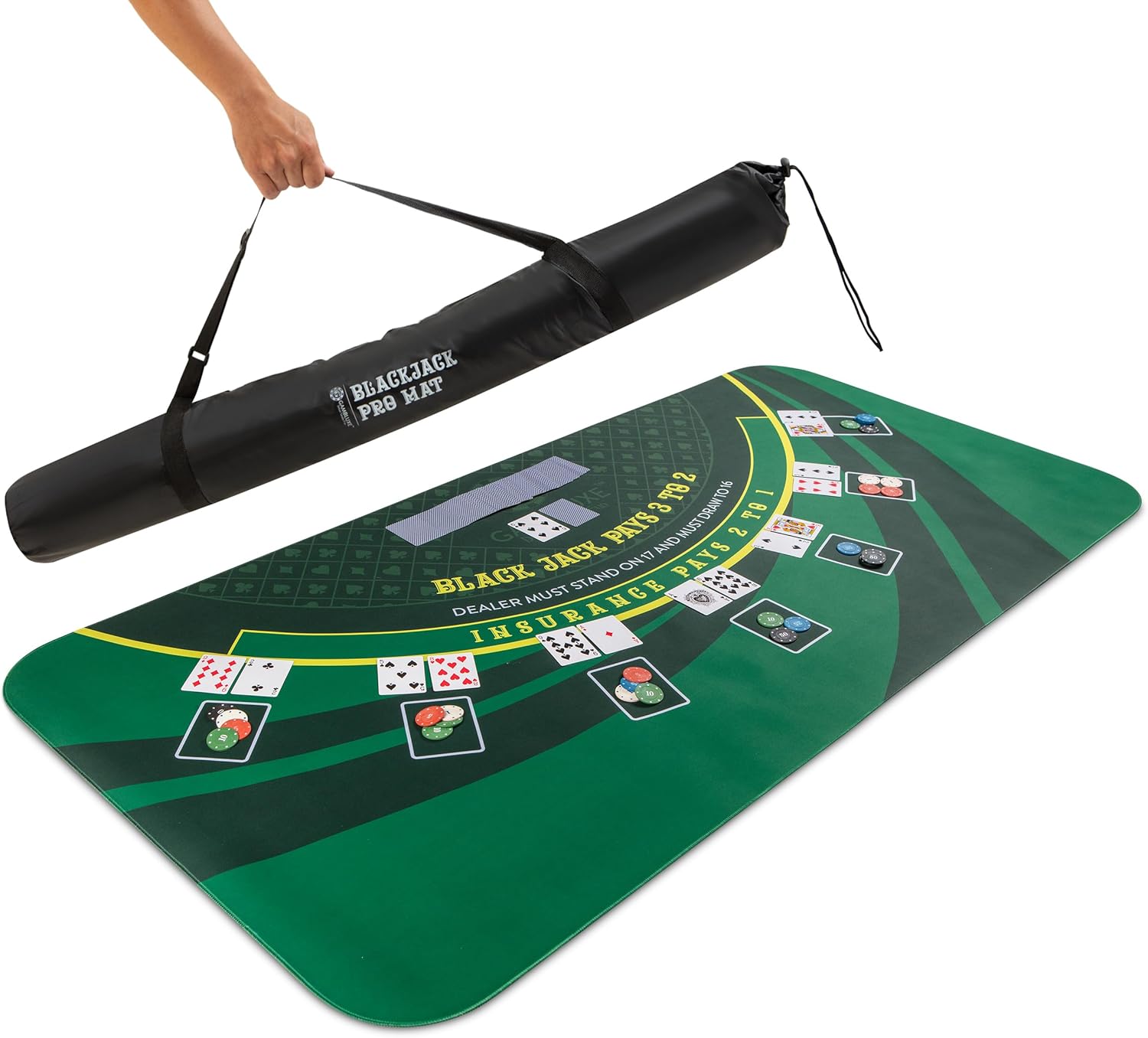 70" X 35" Blackjack Mat - Smooth, Water-Resistant, and Non-Slip Blackjack Table Mat Made of 3mm Rubber - Get Your Blackjack Games Going Anywhere with The Included Carrying Bag (Green) 70x35 Inch - Green