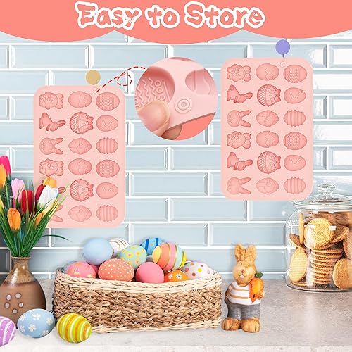 Miniatura 4 de Paquete de 2 moldes de silicona para chocolate de Pascua, 18 cavidades, huevos y conejos, molde en forma de cesta para hornear, gomitas, dulces,