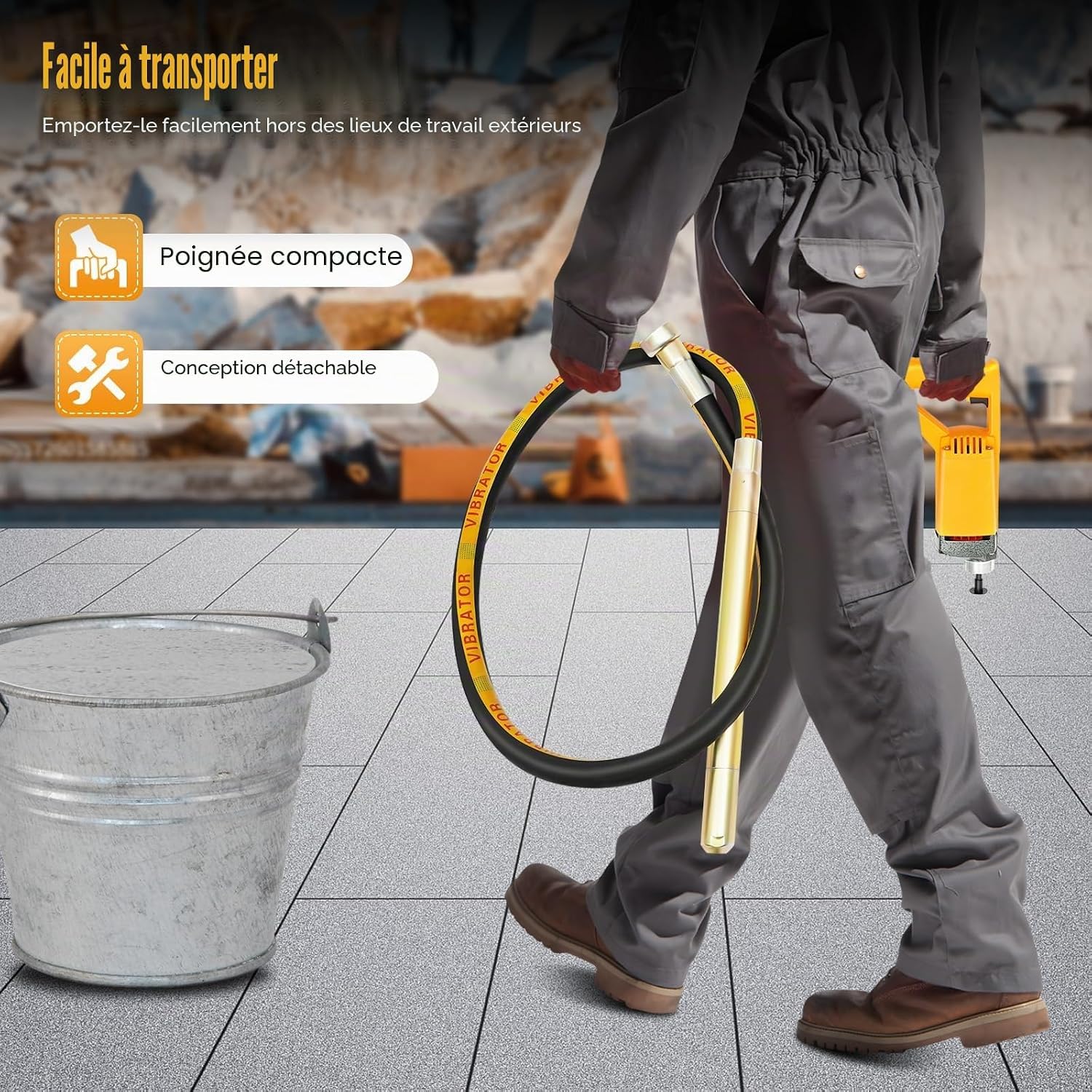 Vibreur Beton Betonniere Électrique 1300W Aiguille Vibrante Pour Beton 2M Vibrateur à Béton 4300 tr/min Plaque Vibrante Vibreur à Ciment Portable, Éliminer Bulles d'Air, Mélanger Le Béton