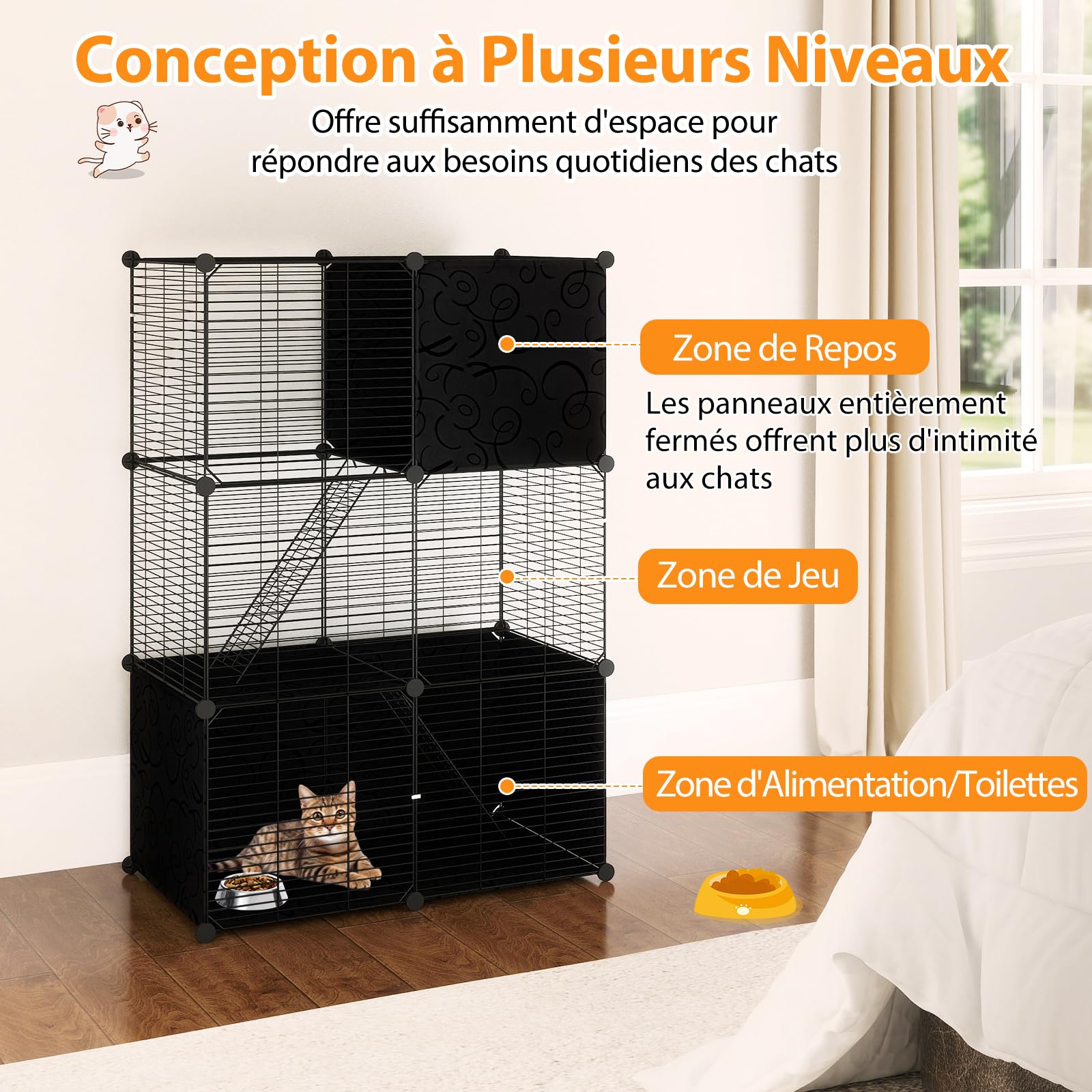 GYMAX Cage Métallique d'Intérieur pour Chat 3 Niveaux avec 2 Échelles 3 Portes