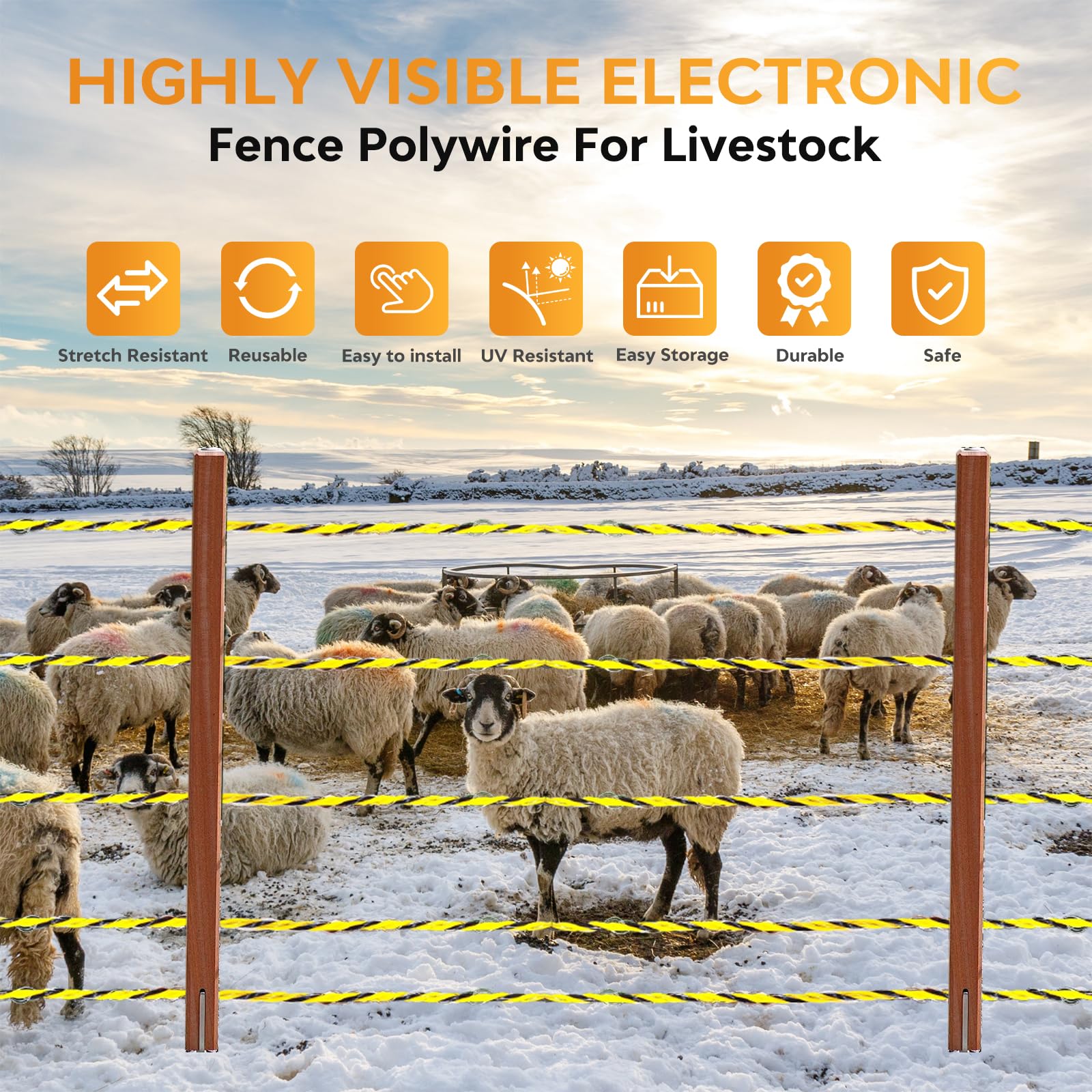 Fil de Clôture Électrique 1067 m / 3500 ft – Diamètre 2,3 mm | 6 Conducteurs en Acier Inoxydable & 24 Fibres PE, Haute Visibilité Jaune-Noir pour Chevaux et Bétail