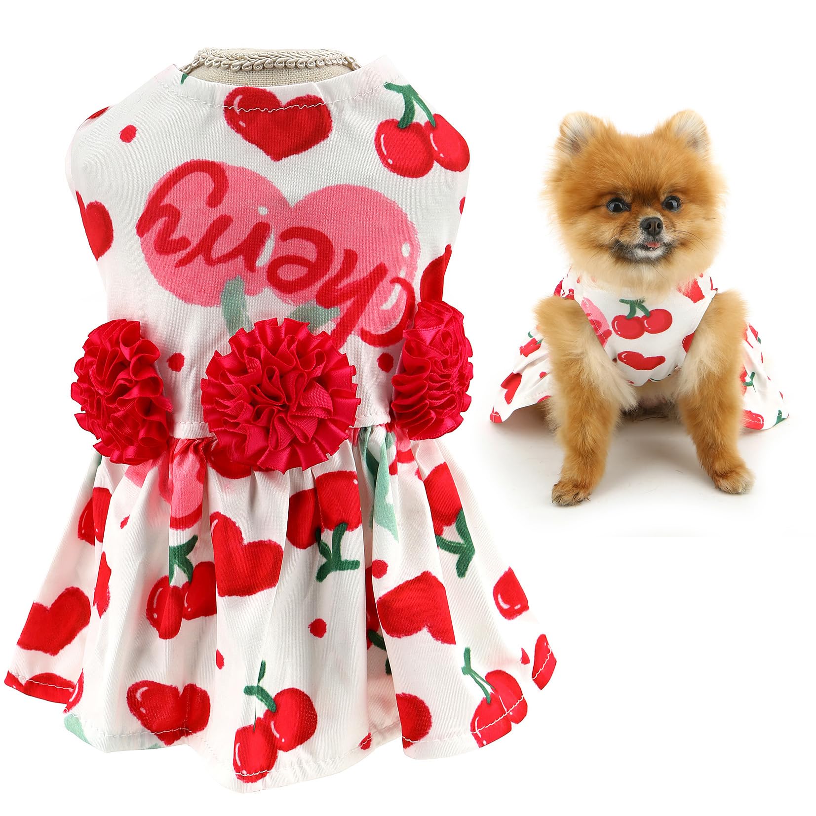 SMALLLEE_LUCKY_STORE Dog Dress for Small Dog Princess Pet Skirts with Sweet Cherry Printed and Flowers Puppy Clothes Birthday Holiday Valentine's Day Wedding Chihuahua Cat Apparel, Cherry, XL