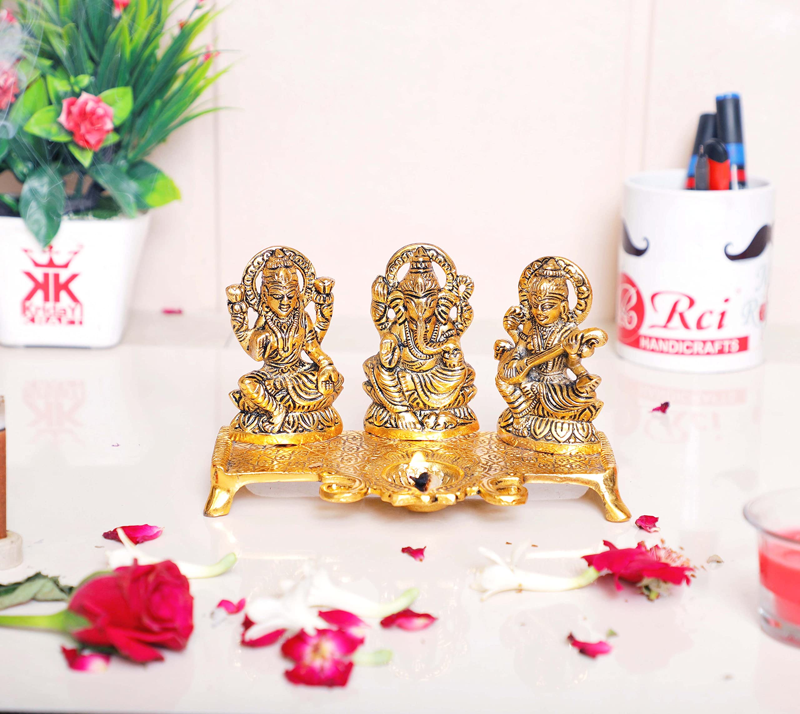KridayKraft Laxmi Ganesh Saraswati Metal Idol Decorative Platter with Diya (Gold)