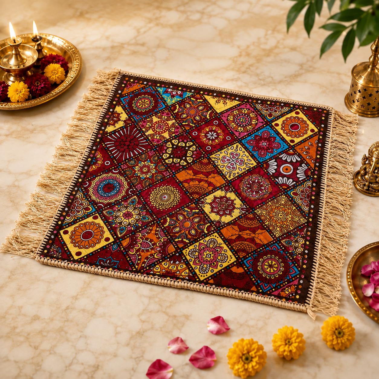 Handcrafted Sitting Mat for Pooja and Meditation, | Size 24 * 24| Multicolor Square Pooja/Hawan/Yoga Mat for Sitting, Aasan for Sitting in Pooja by MARSHLAND Pack of 2-image-11