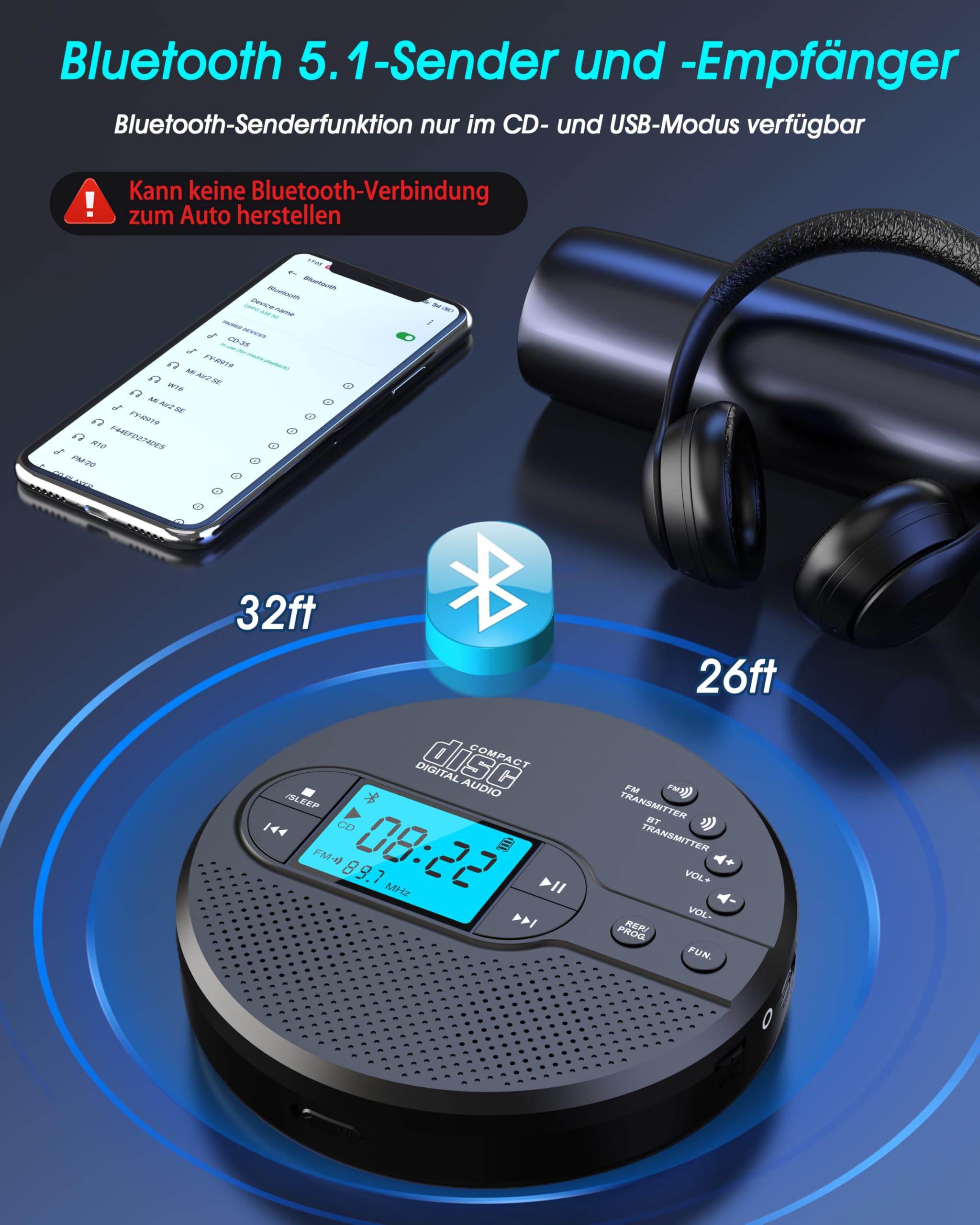 NEU Bluetooth CD Player Tragbar, Greadio Discman CD Player mit 2000mAh Wiederaufladbarer, Kompatibler FM-Transmitter, USB, AUX-Ausgang, CD Spieler mit Kopfhörer und Anti-Skip/Stoßfest