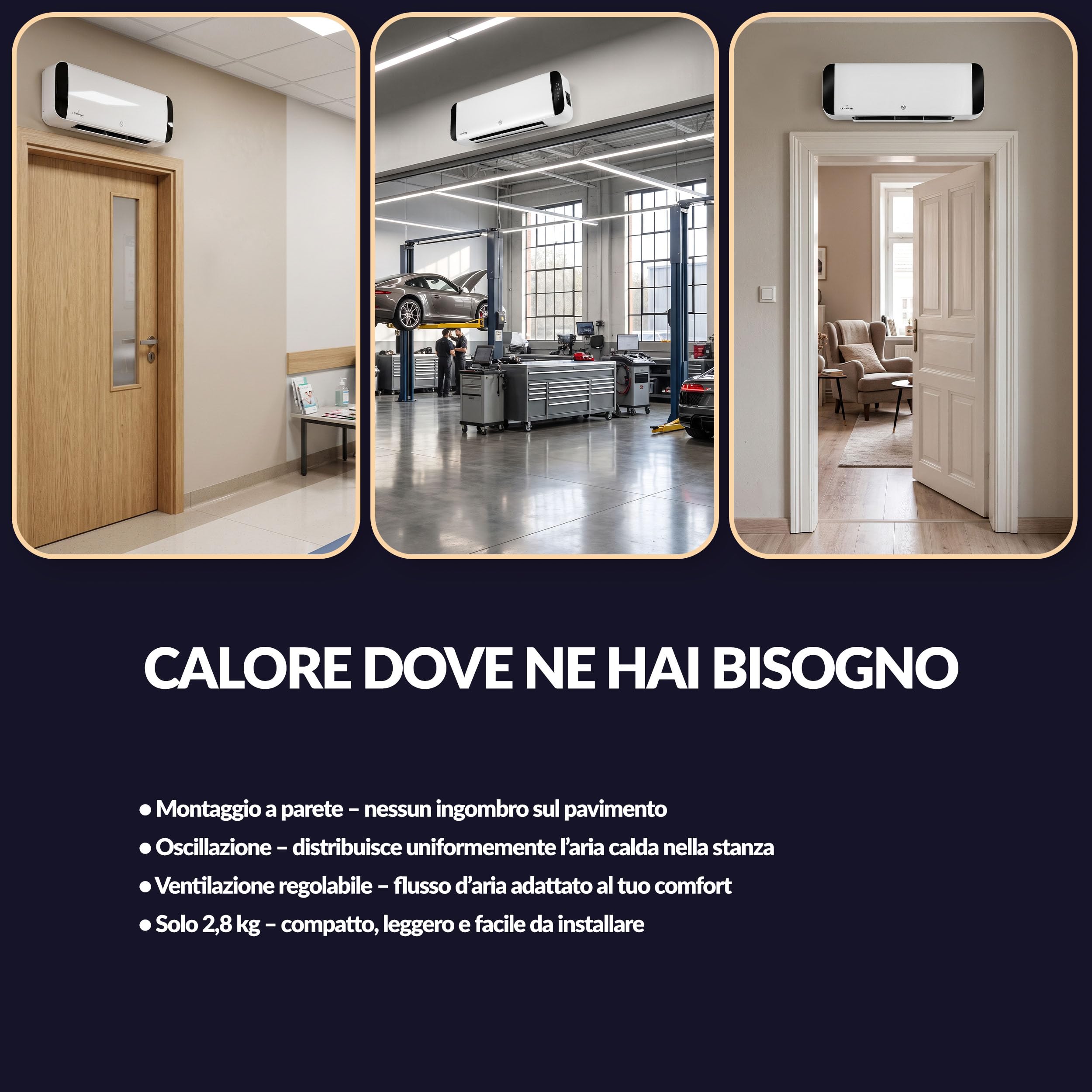 LEHMANN Termoventilatore da Parete, 2 Potenze 1000/2000 W, Riscaldatore Elettrico con Elemento Riscaldante in Ceramica, Rilevamento Finestra Aperta, Timer, Oscillazione, Controllo App e Telecomando