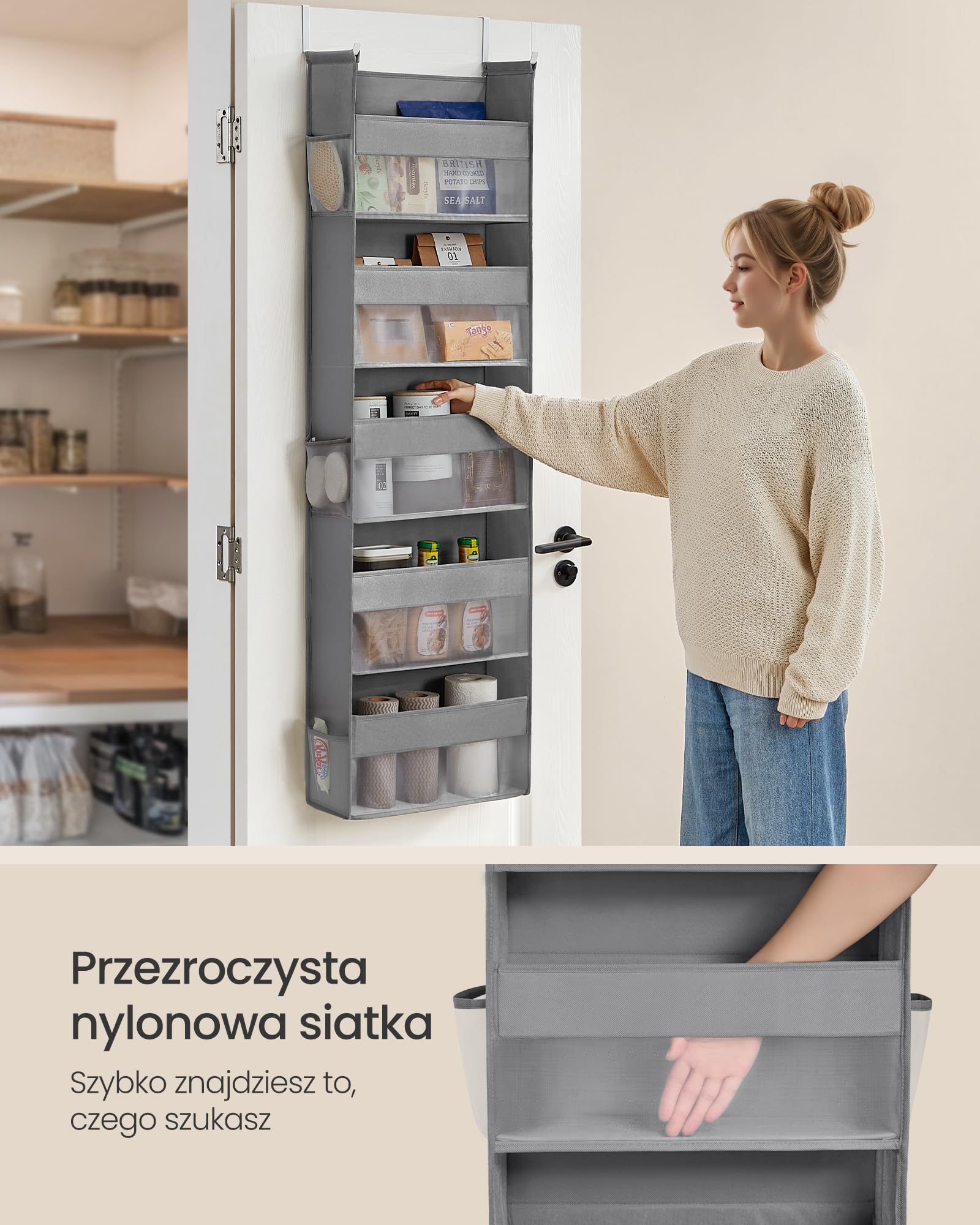 SONGMICS Wiszący regał magazynowy, Wisząca półka, Regał magazynowy na drzwi, Materiałowy regał drzwiowy, Przezroczysta siatka nylonowa, Metalowe haki, Kieszenie boczne, Gołębia szarość RDH007G01