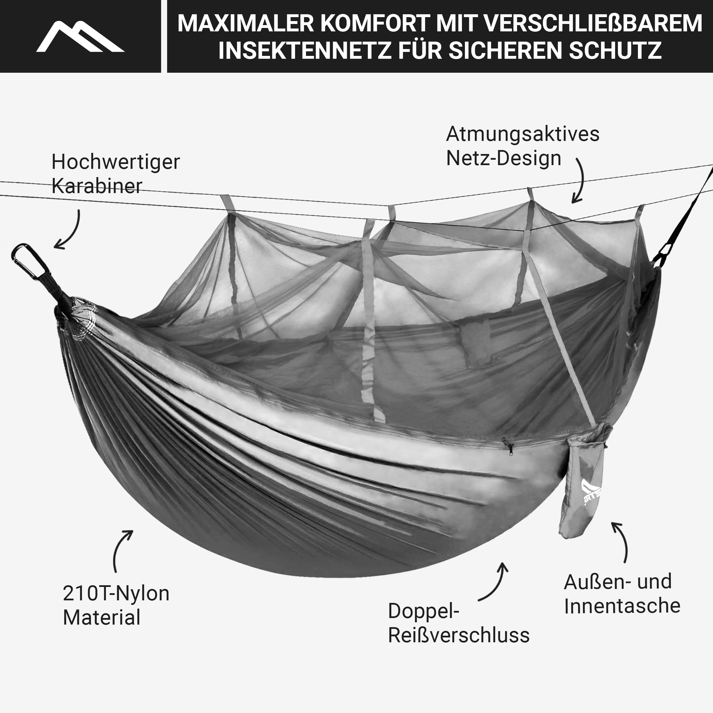 Ultralekki hamak kempingowy z moskitierą | udźwig 250 kg, oddychający (srebrno-szary)