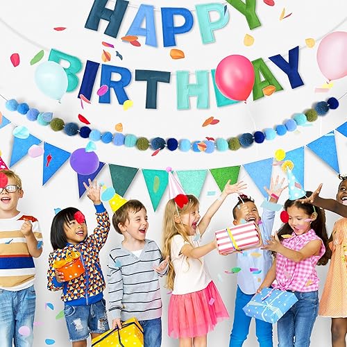 Miniatura 6 de CANREVEL Cartel de feliz cumpleaños 3D preencordado, 3 guirnaldas de fieltro azul, guirnalda de pompones, banderines de tela triangular,