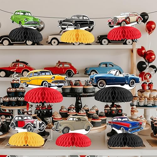 Miniatura 3 de Decoraciones clásicas para fiestas de automóvil, 8 piezas de centro de mesa de auto clásico de panal de abejas convertibles, centros de mesa de