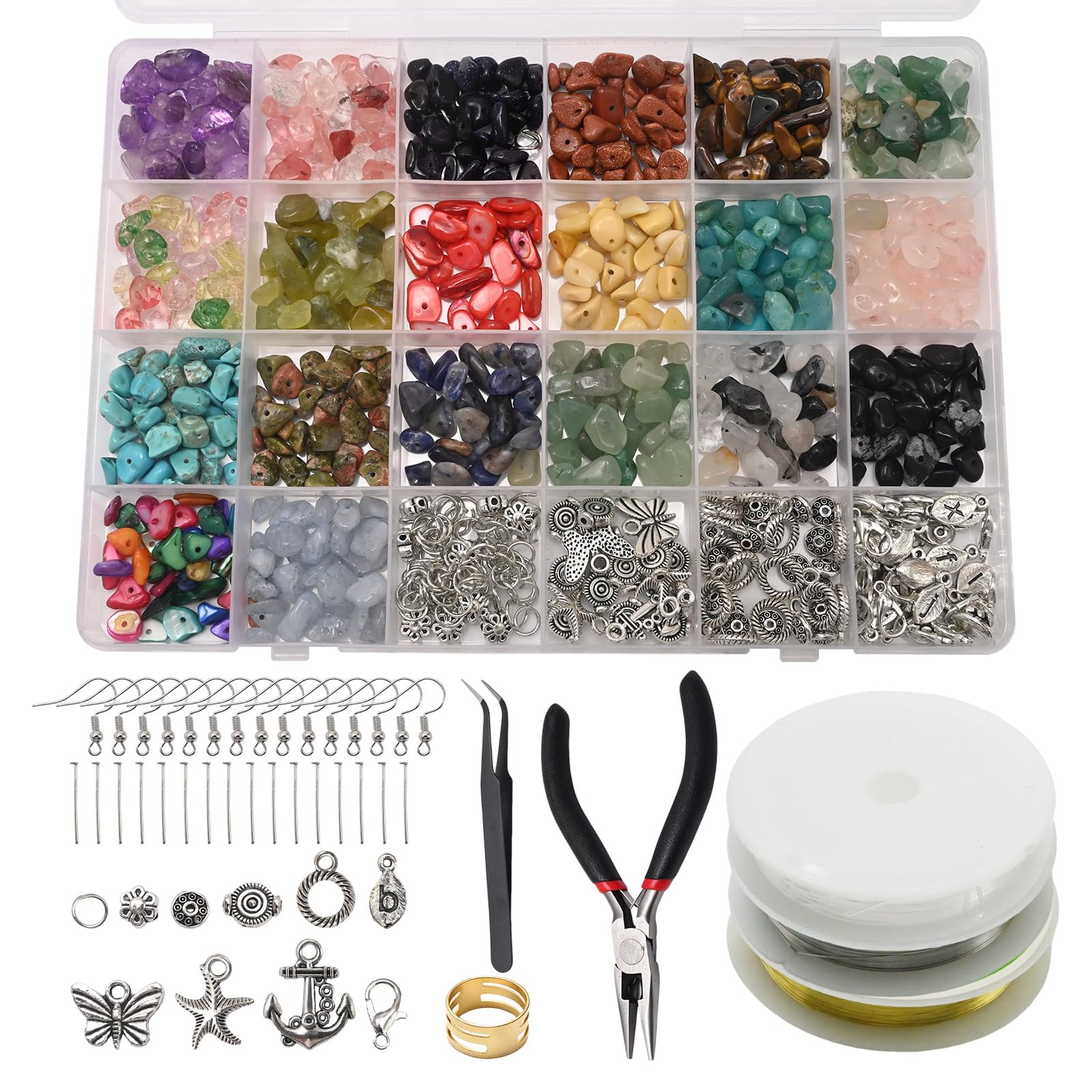 MospdyGear Assorted Mineral Chip Collection, Mixed Tone Jewelry Findings Bundle, 1587 Ct Crafting Assortment with Precision Pliers and Wire for Beading and Ornament Design