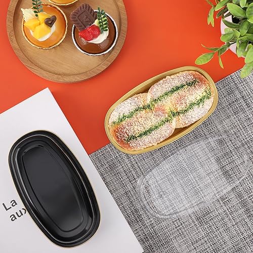 Miniatura 6 de Beasea Mini moldes para pan con tapas, 6 pulgadas, paquete de 50 moldes ovalados ovalados para hornear, color negro y dorado, desechables con tapas,