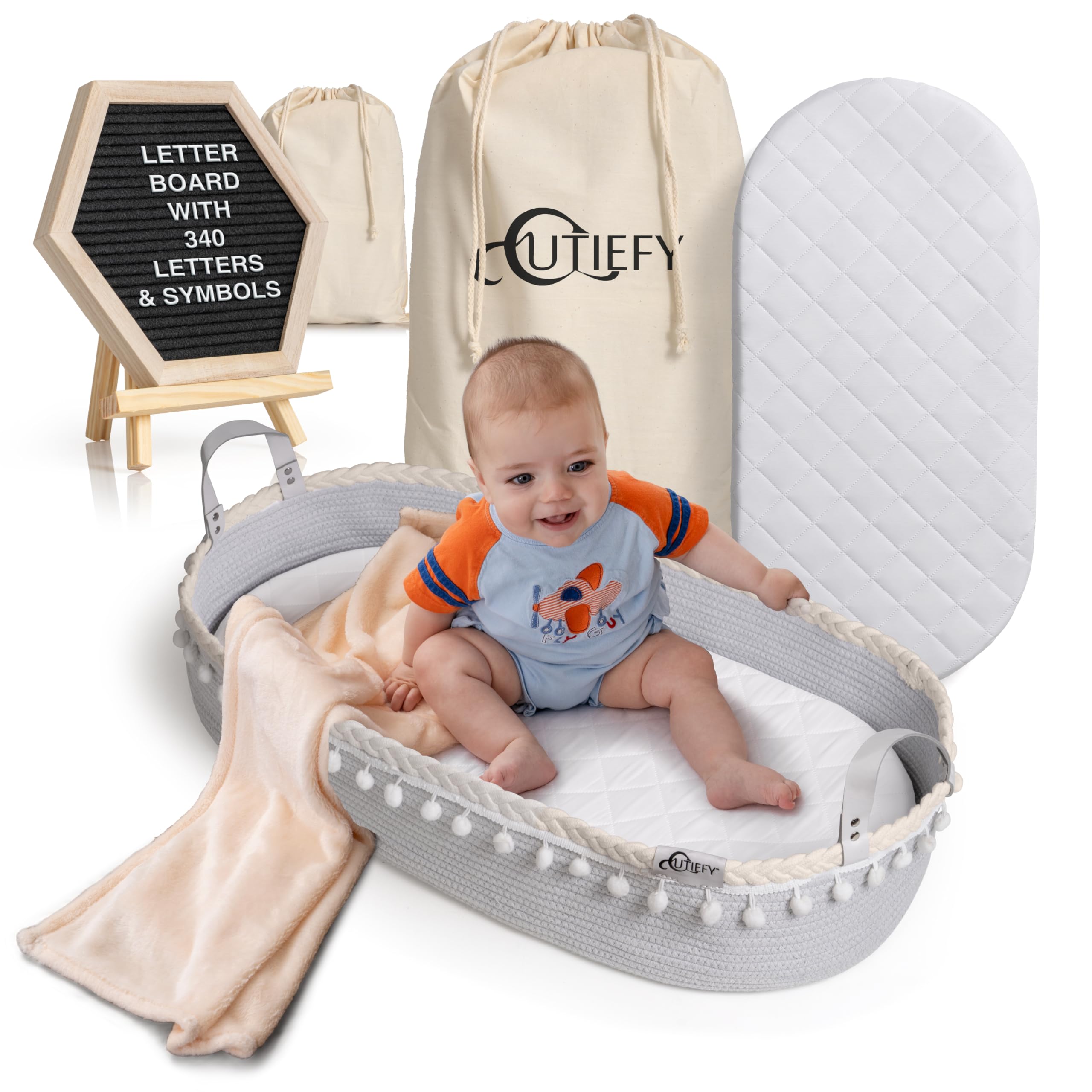 Cutiefy Baby Changing Basket - Portable Changing Pad for Dresser - Foldable Moses Basket for Babies - Includes Thick Pad, Felt Letter Board,
